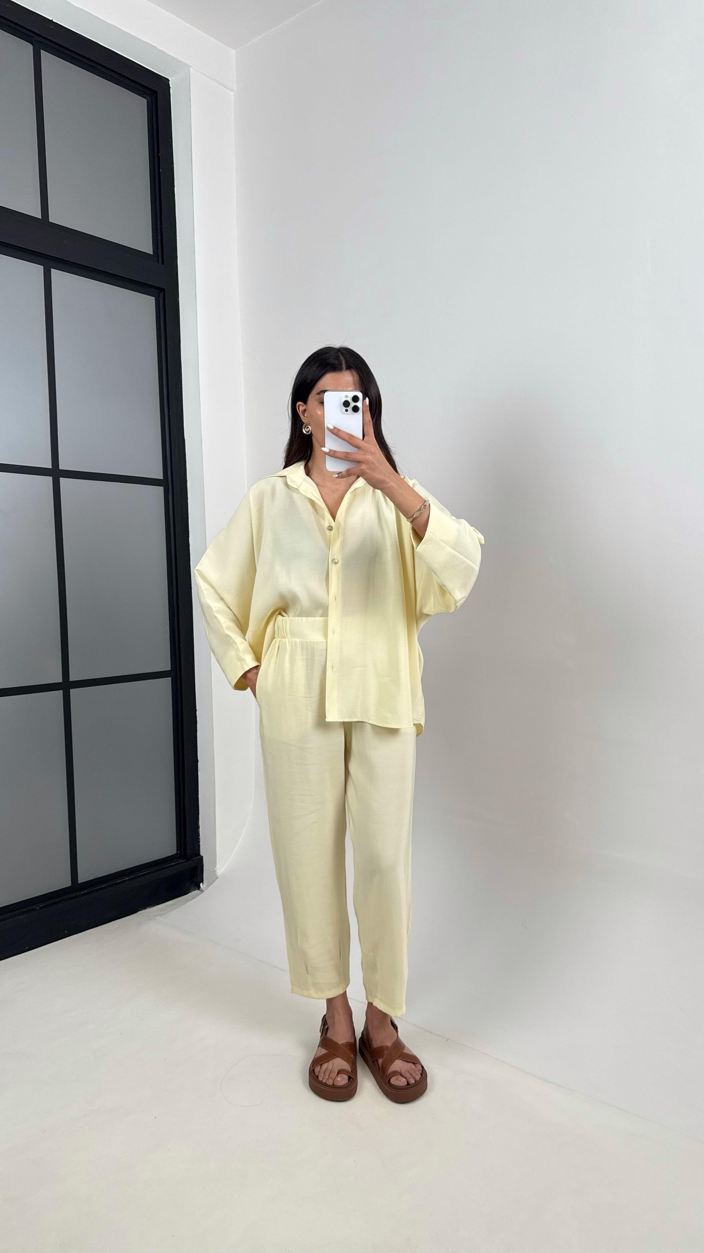Sarı Önü Düğmeli Gömlek Beli Lastikli Cepli Pantolon MD Muadil Tencel Takım TNCL01 Gaus00390GausTAKIMGU1001911