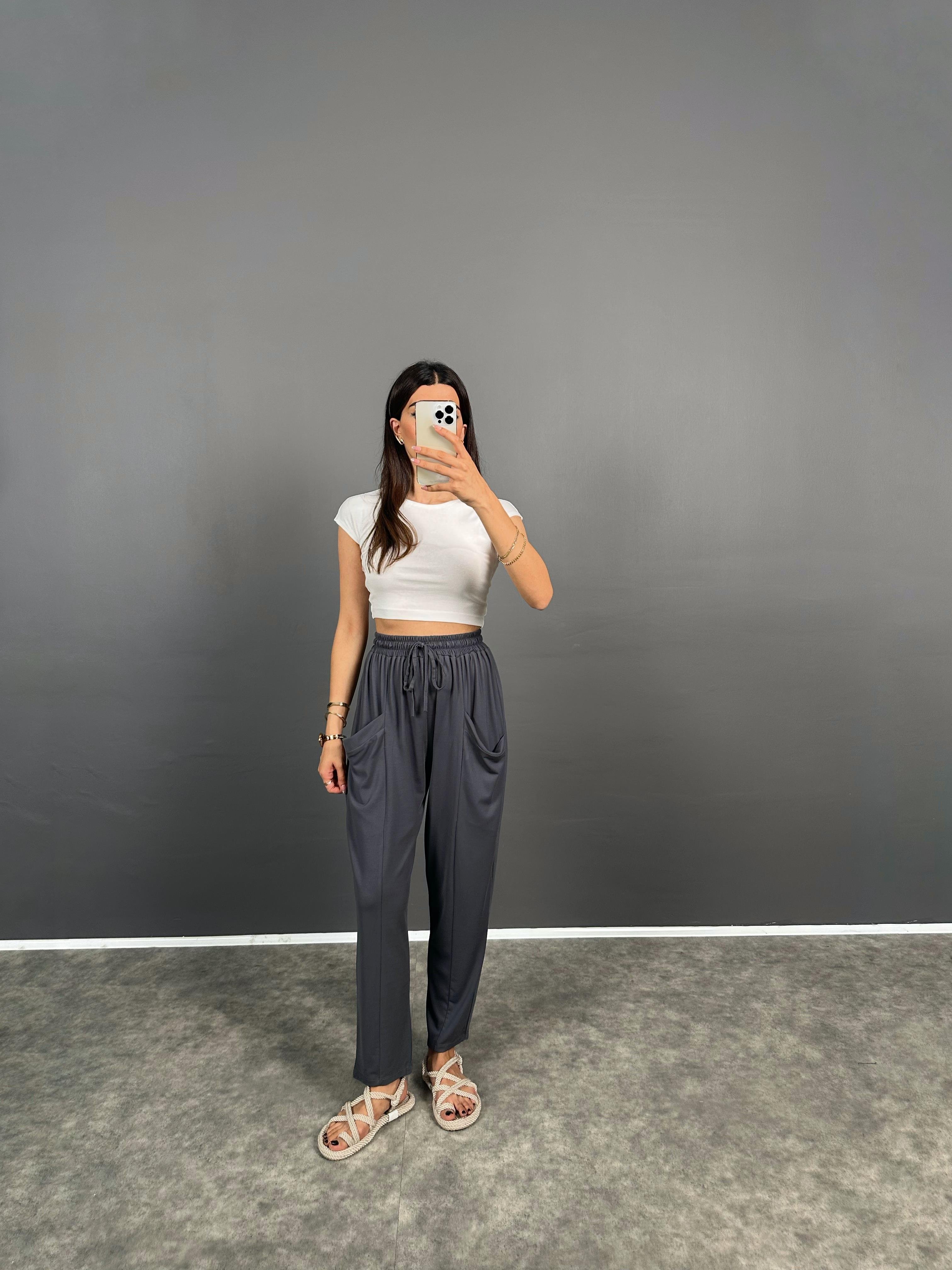 Pilea Beli Lastikli Önden Cepli Rahat Kumaş Antrasit Şalvar Pantolon