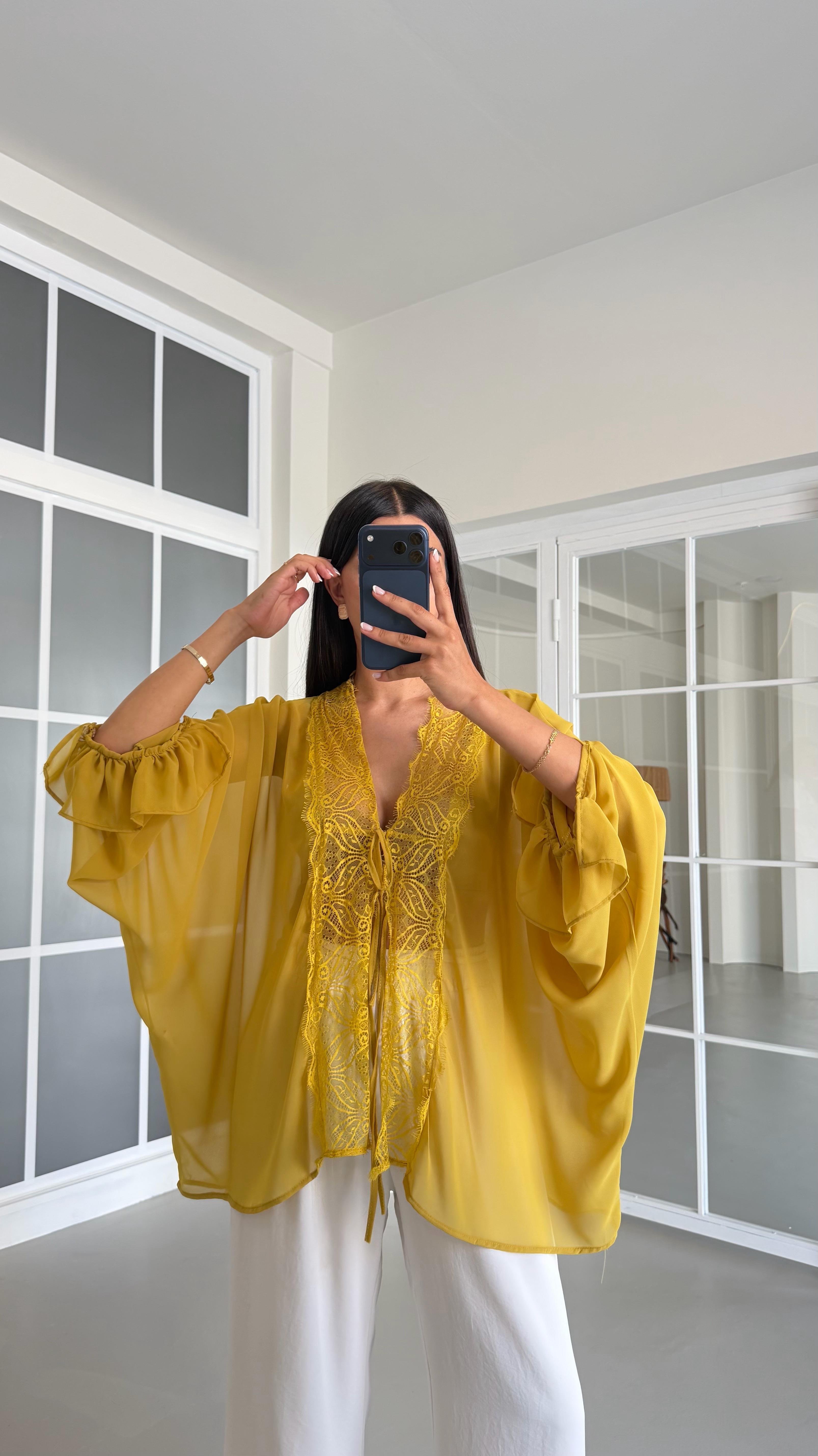 Hardal Dantel Detaylı Transparan Bluz GAUS-01648GAUSBLUZGAUS-01648