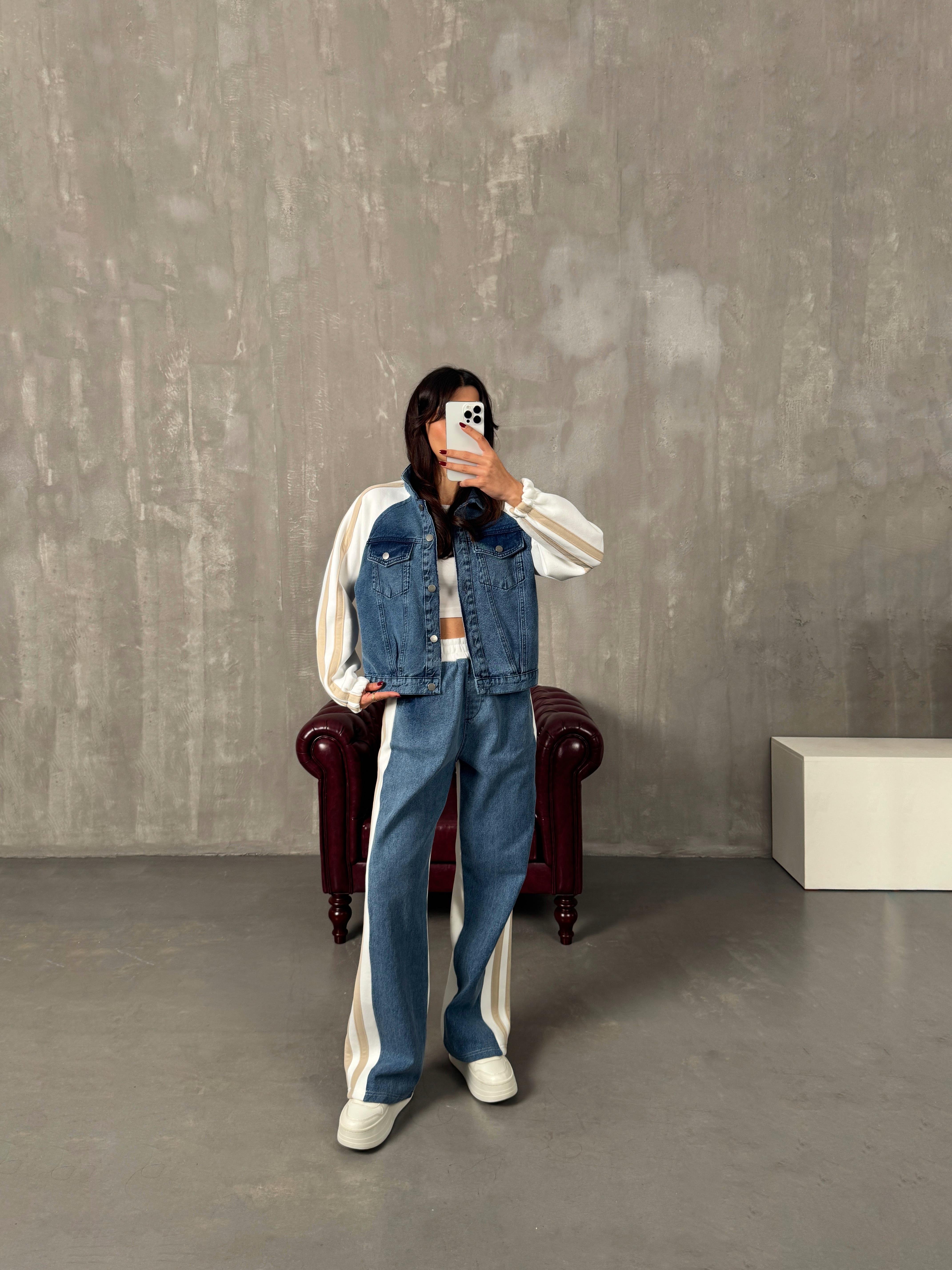 Gong Beyaz Denim Karışımlı Şeritli TakımGausTAKIMGU00904032