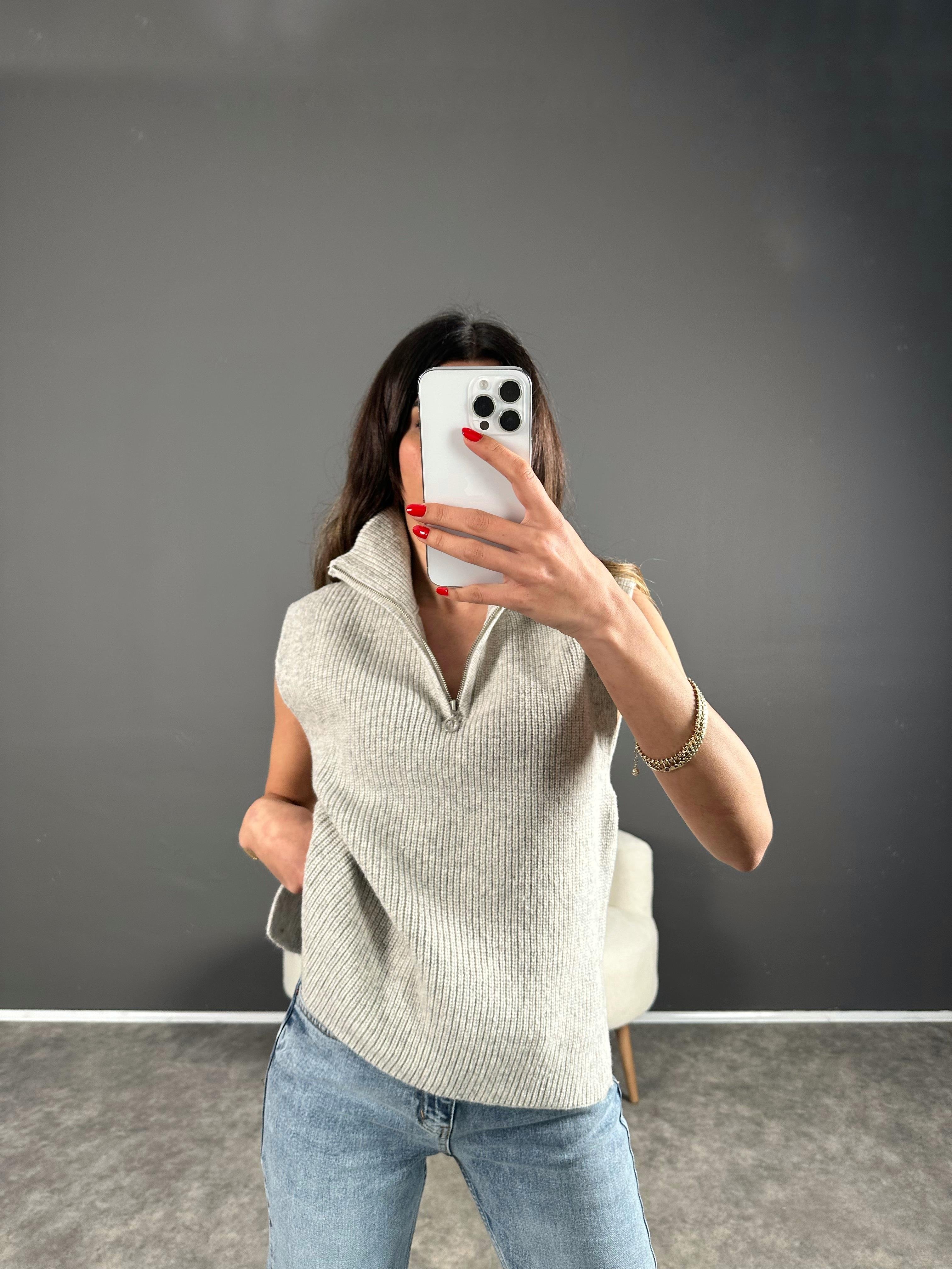 Gri Fermuarlı Triko Süveter GausTRİKOGU004246