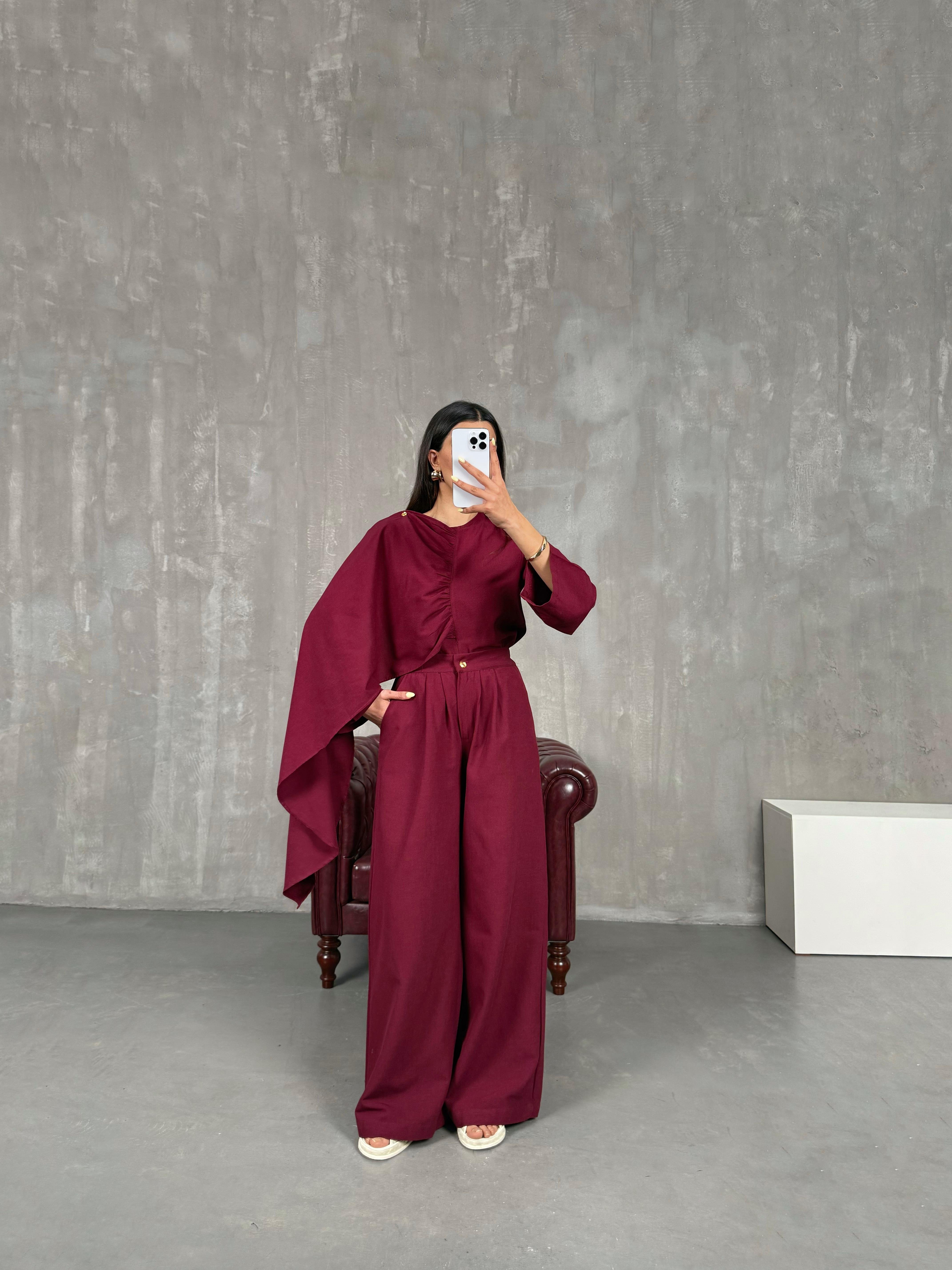 Bordo Şal Detaylı Keten Takım Gaus00142GausTAKIMGU1001330