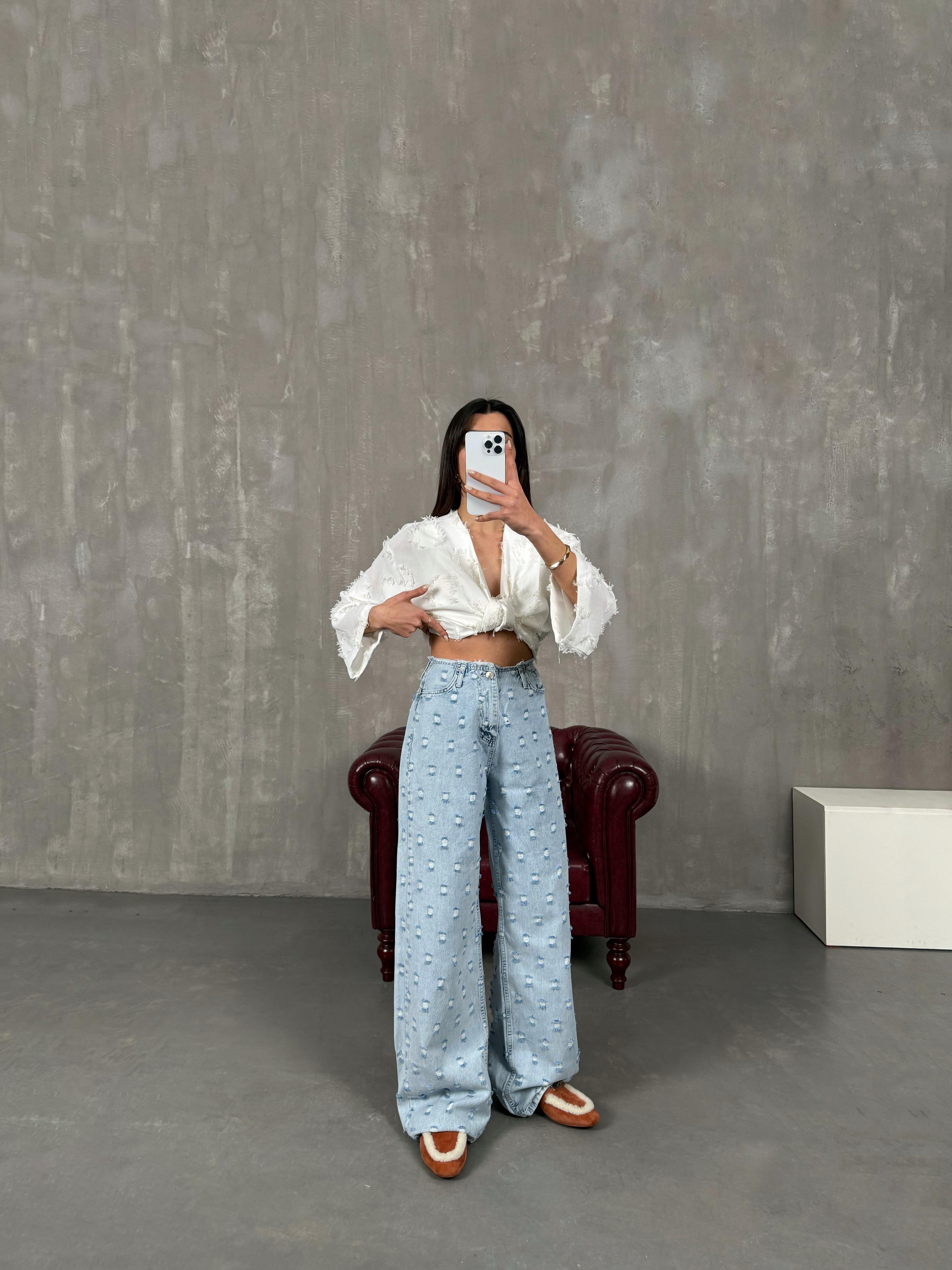 Tonsi Buz Mavi Yırtık Detaylı Tasarım Wide Leg Jean