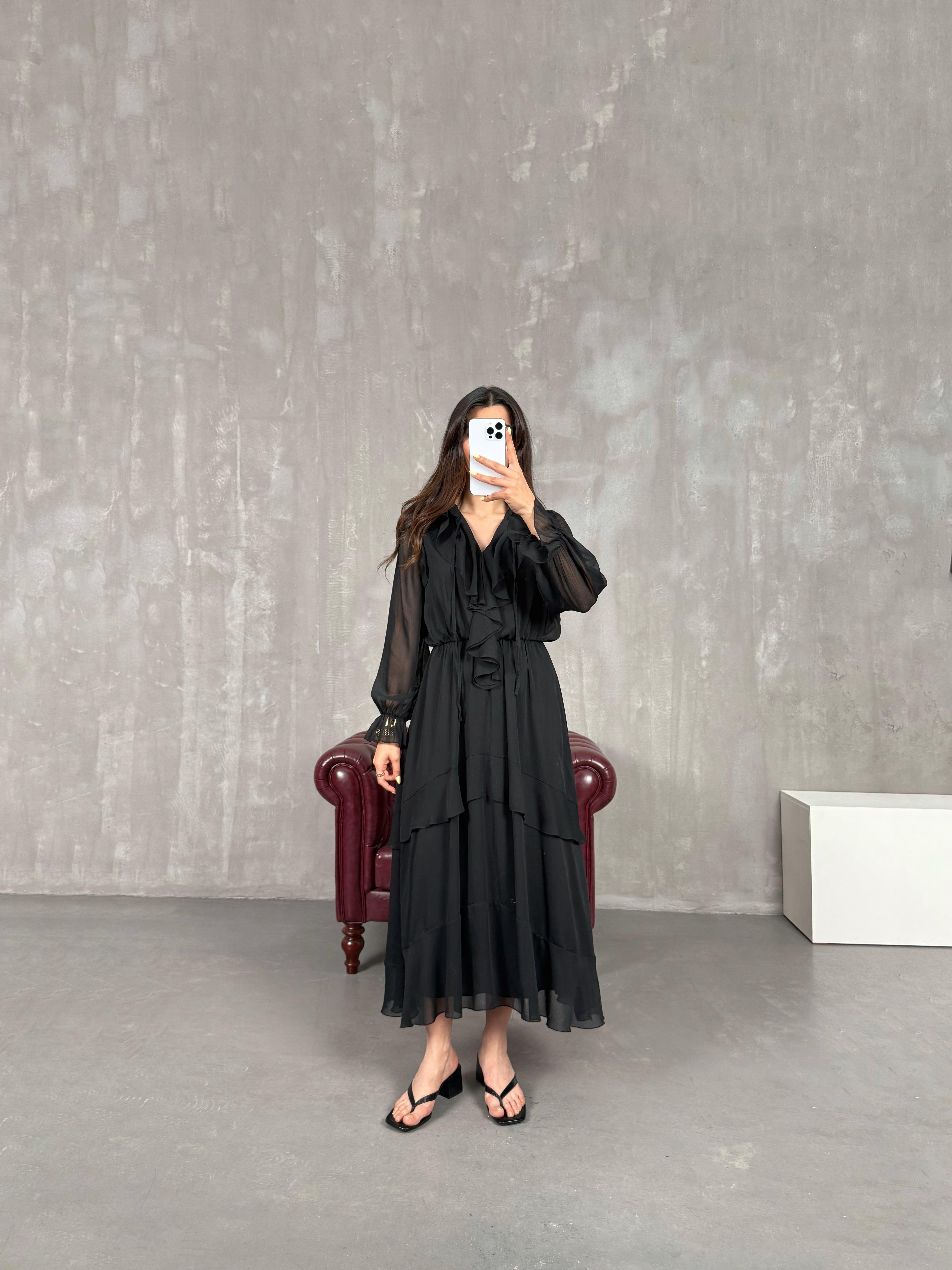 Siyah Astarlı Volanlı Şifon Elbise Gaus00138GausELBİSEGU1001315