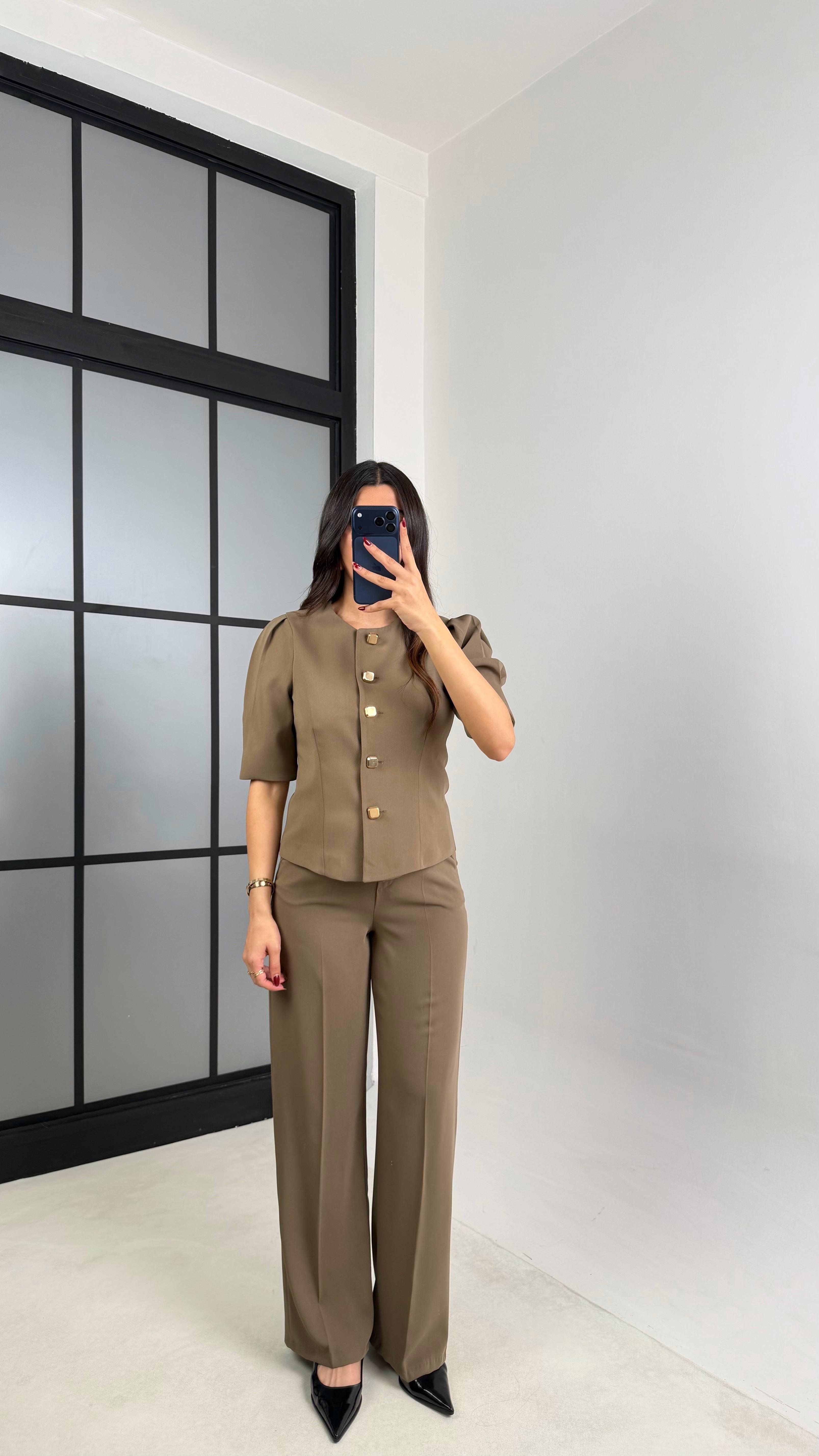 Haki Gold Düğmeli Balon Kol Ceket Beli Lastikli Pantolon Kumaş Takım GAUS-00748GAUSTAKIMGAUS-00748