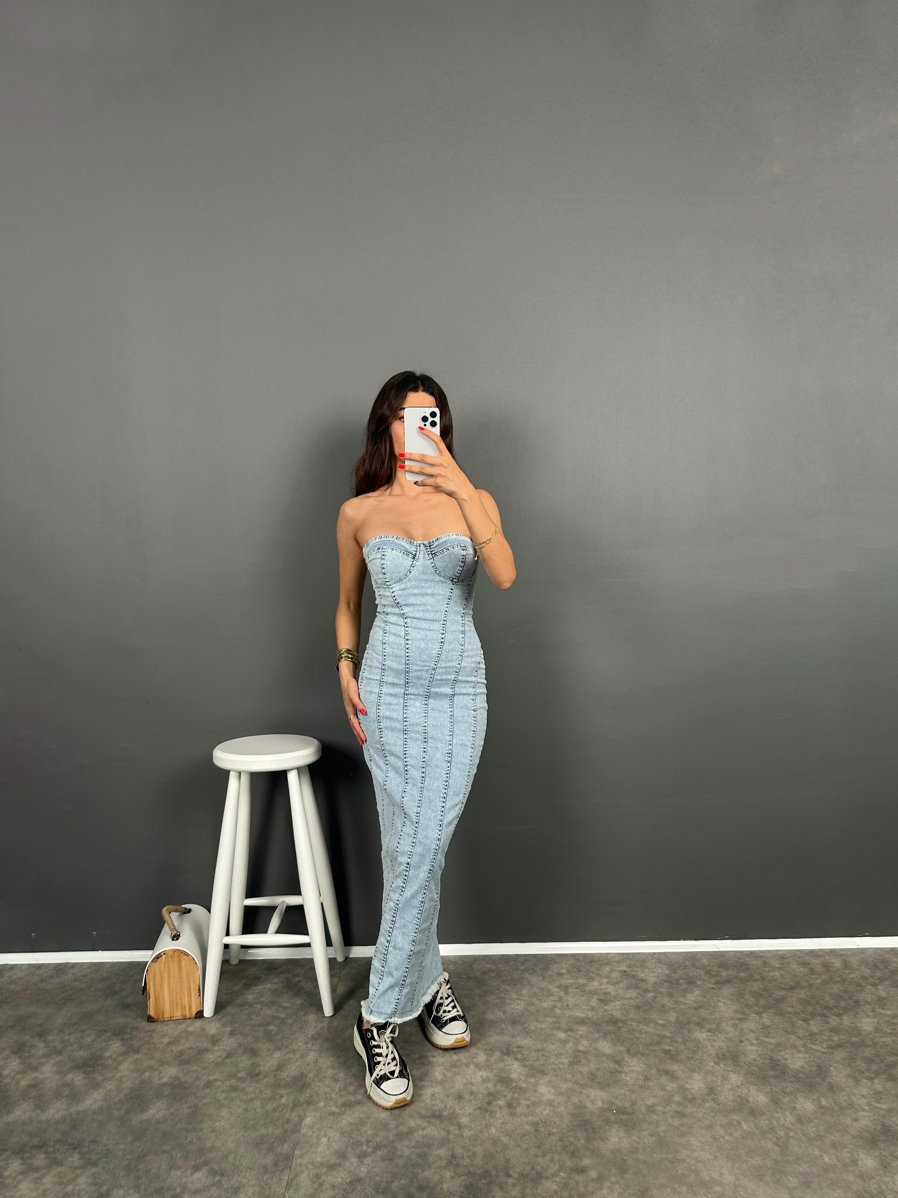 Straplez Fermuarlı Light Blue Denim ElbiseGausELBİSEGU008874