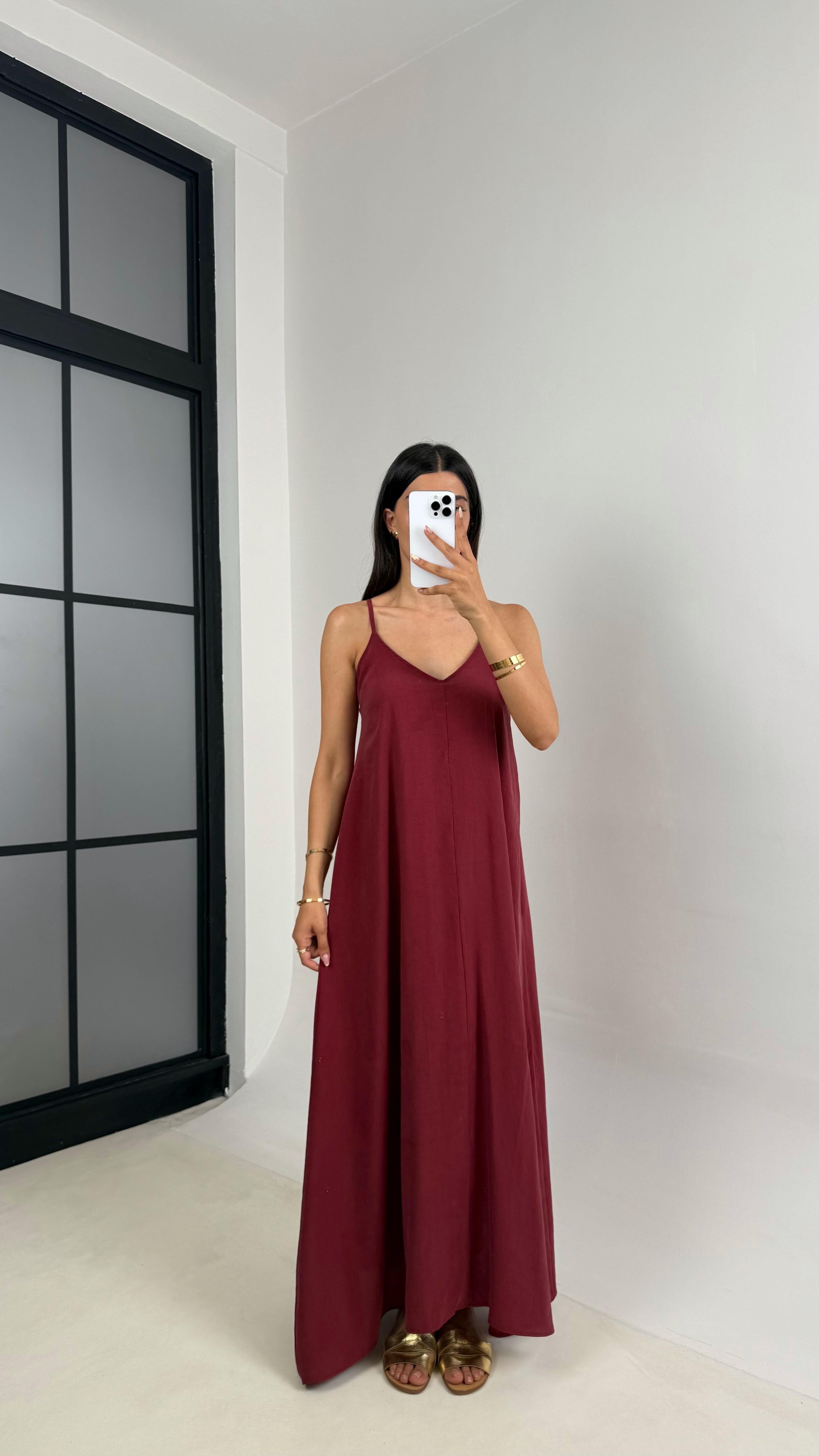 Bordo Ayarlanabilir Askılı Astarlı Tencel Elbise Gaus00690GausELBİSEGU1002596