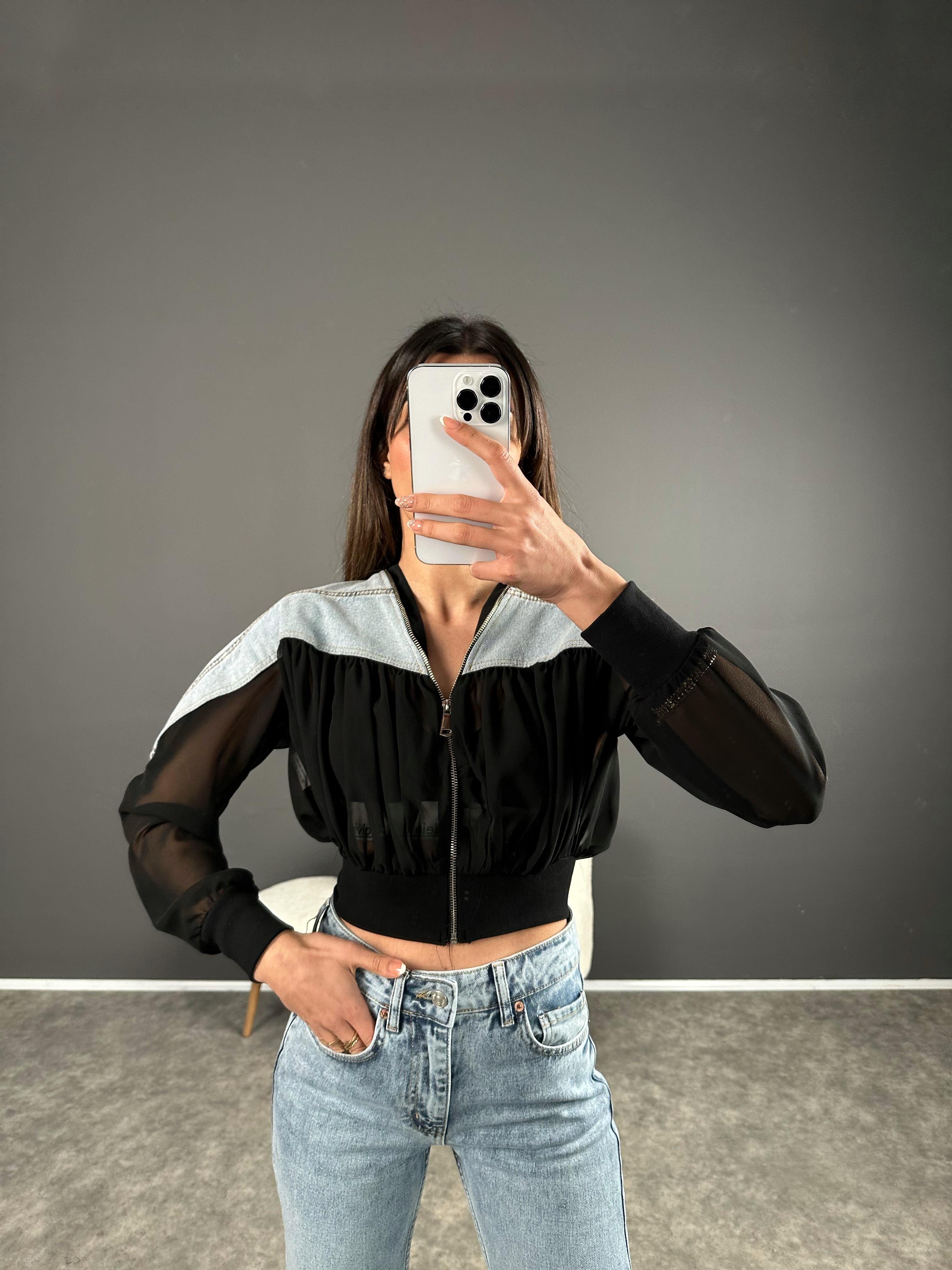 Siyah Denim Detaylı Tül Ceket 