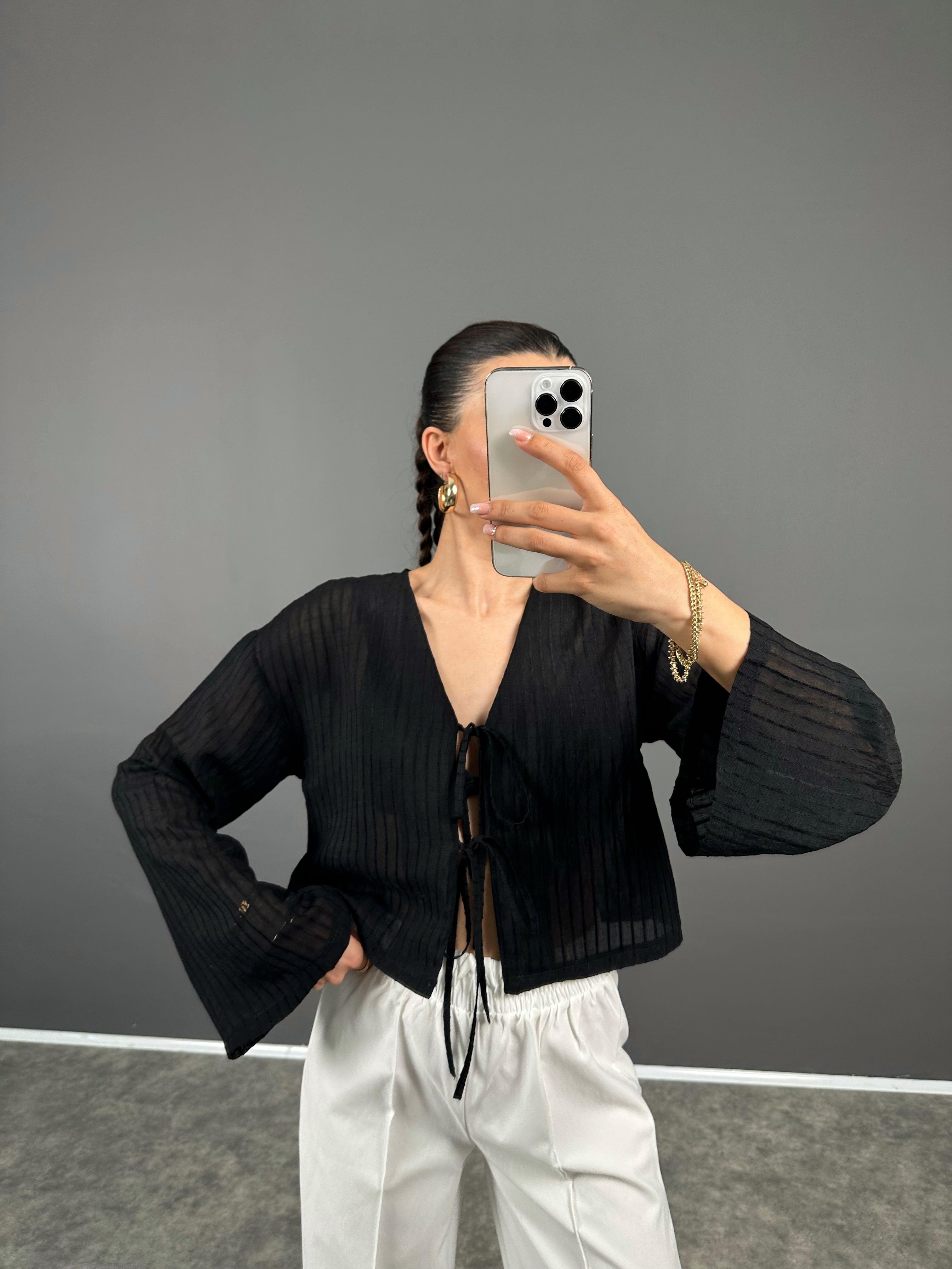 RY Siyah Transparan Önden Bağlamalı Bluz 