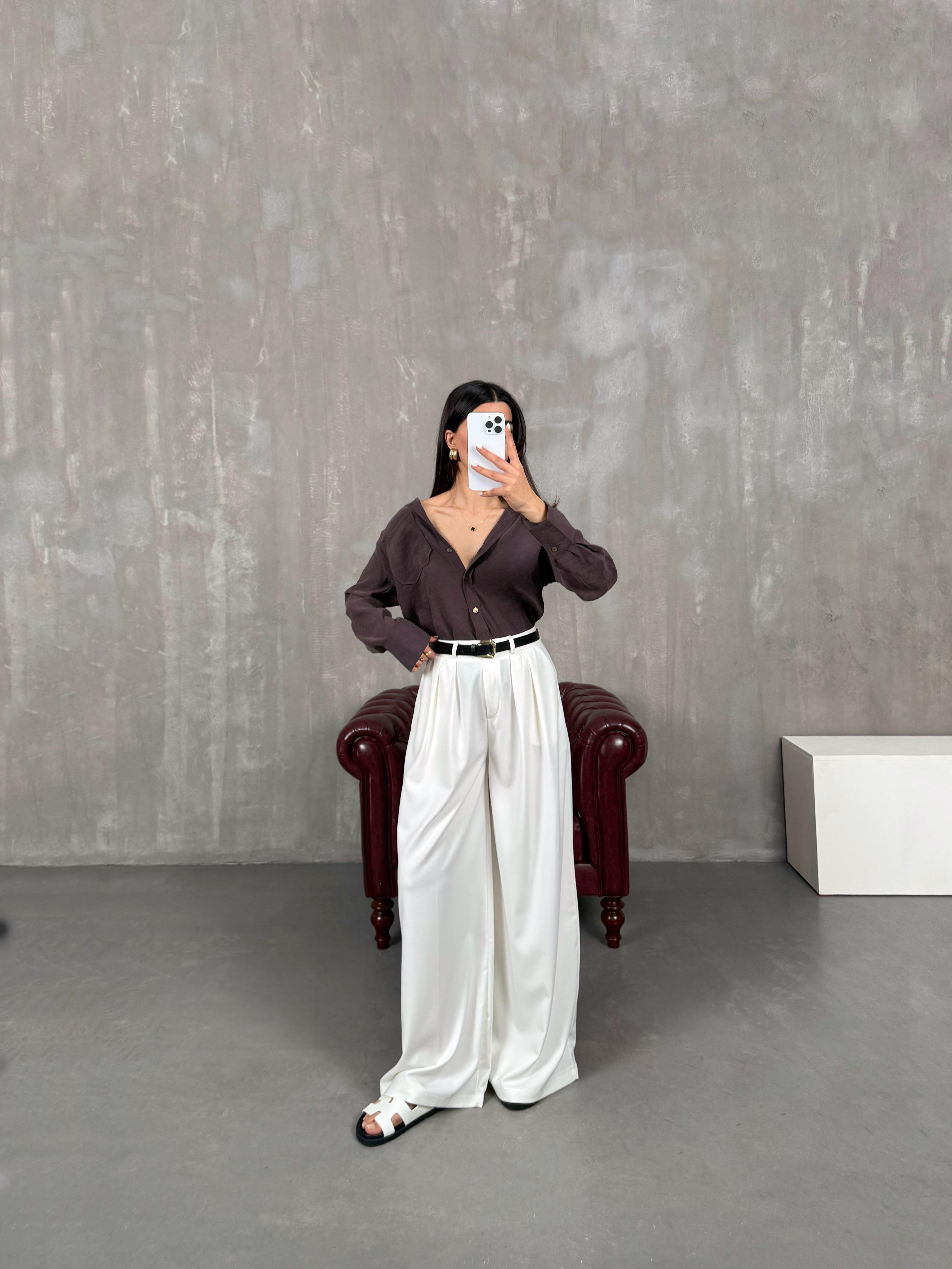 Beyaz Kemerli Bol Paça Pantolon Gaus00076