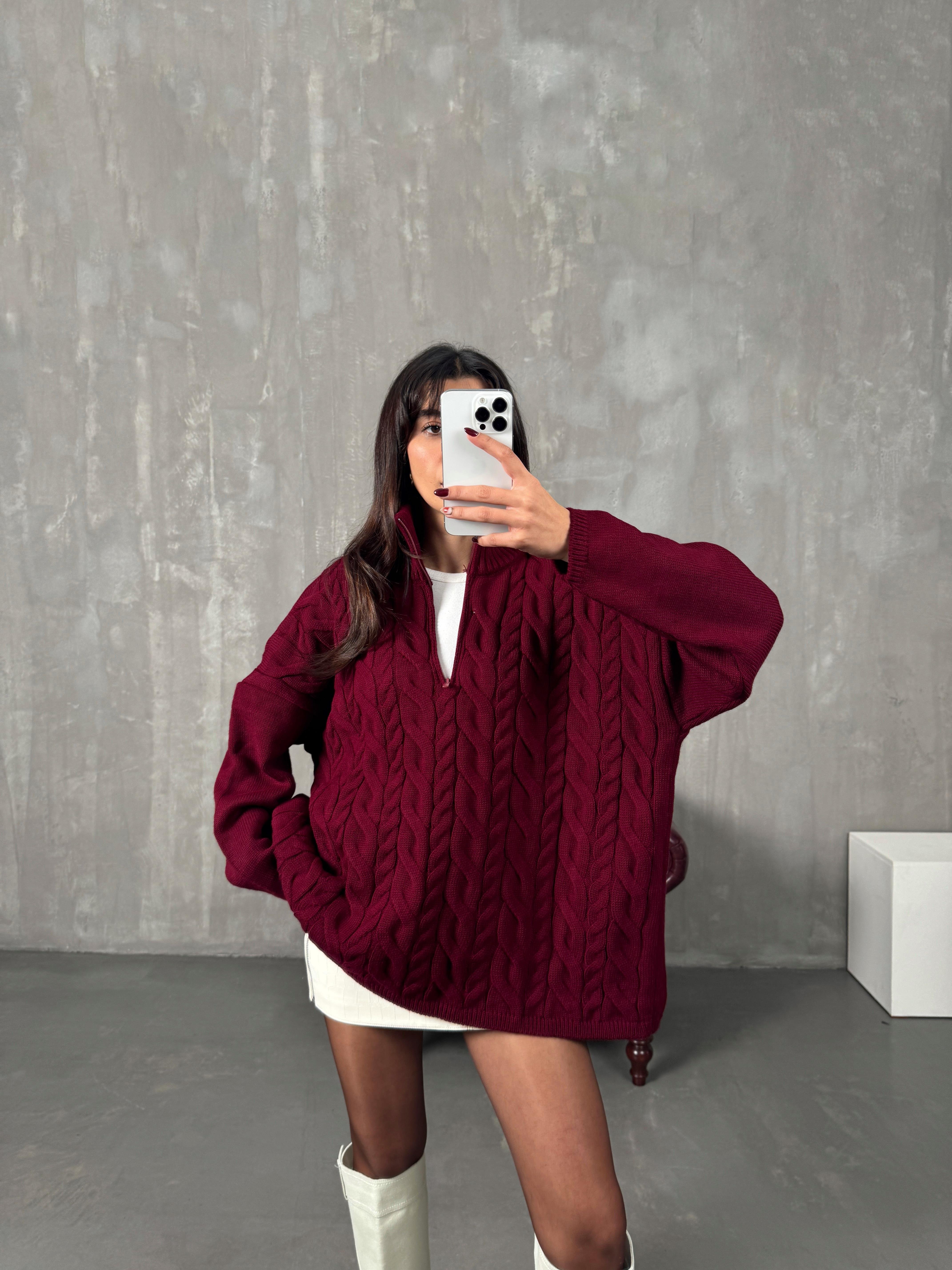 Lipsi Bordo Örgü Detaylı Fermuarlı Oversize Kazak