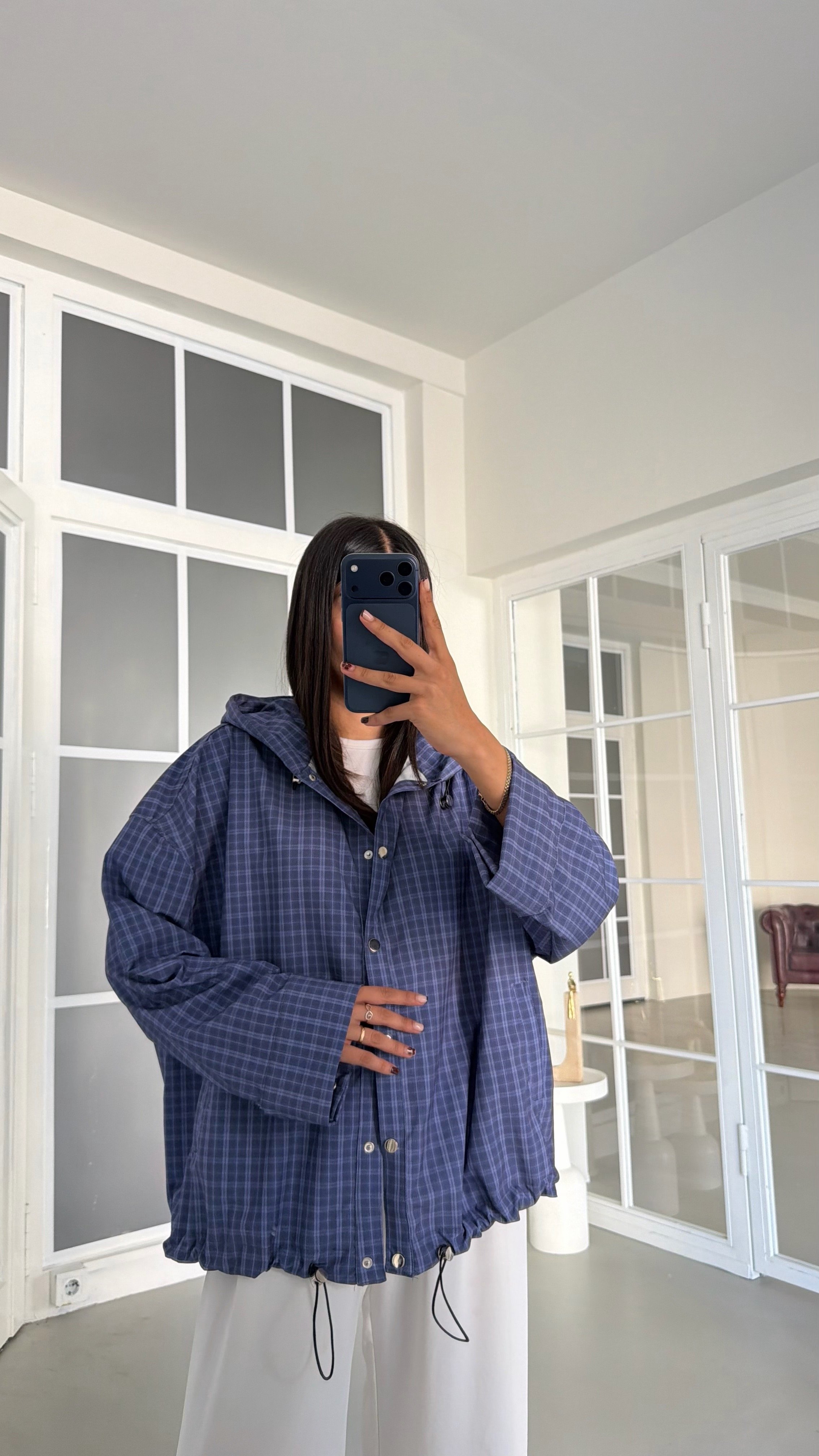 Lacivert Çıtçıt Düğmeli Kareli Kapüşonlu Yağmurluk GAUS-02001GAUSJacketsGAUS-02001