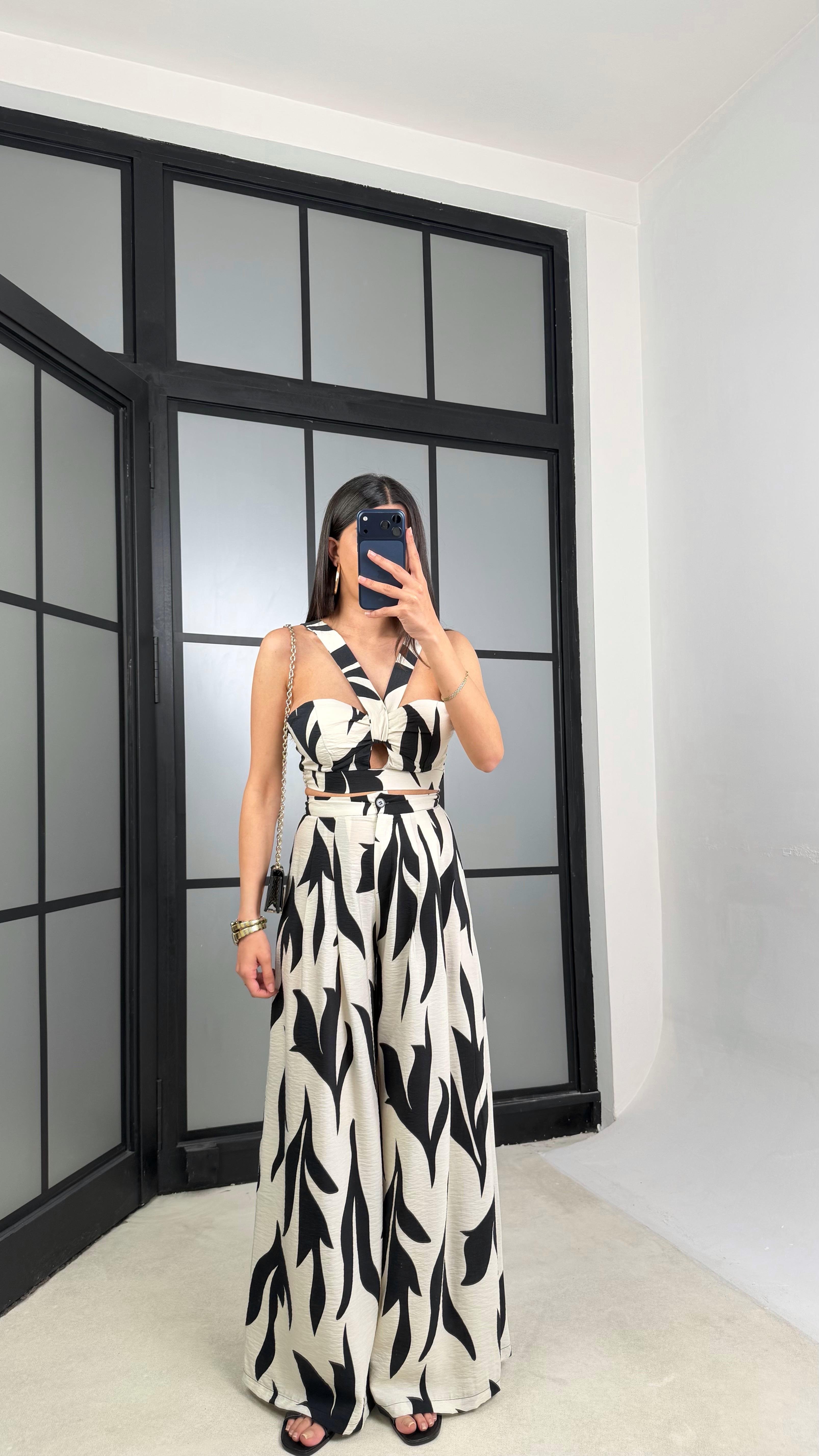Ekru Desenli Beli Lastikli Crop Cepli Pantolon İkili Premium Takım GAUS-01390GAUSTAKIMGAUS-01390