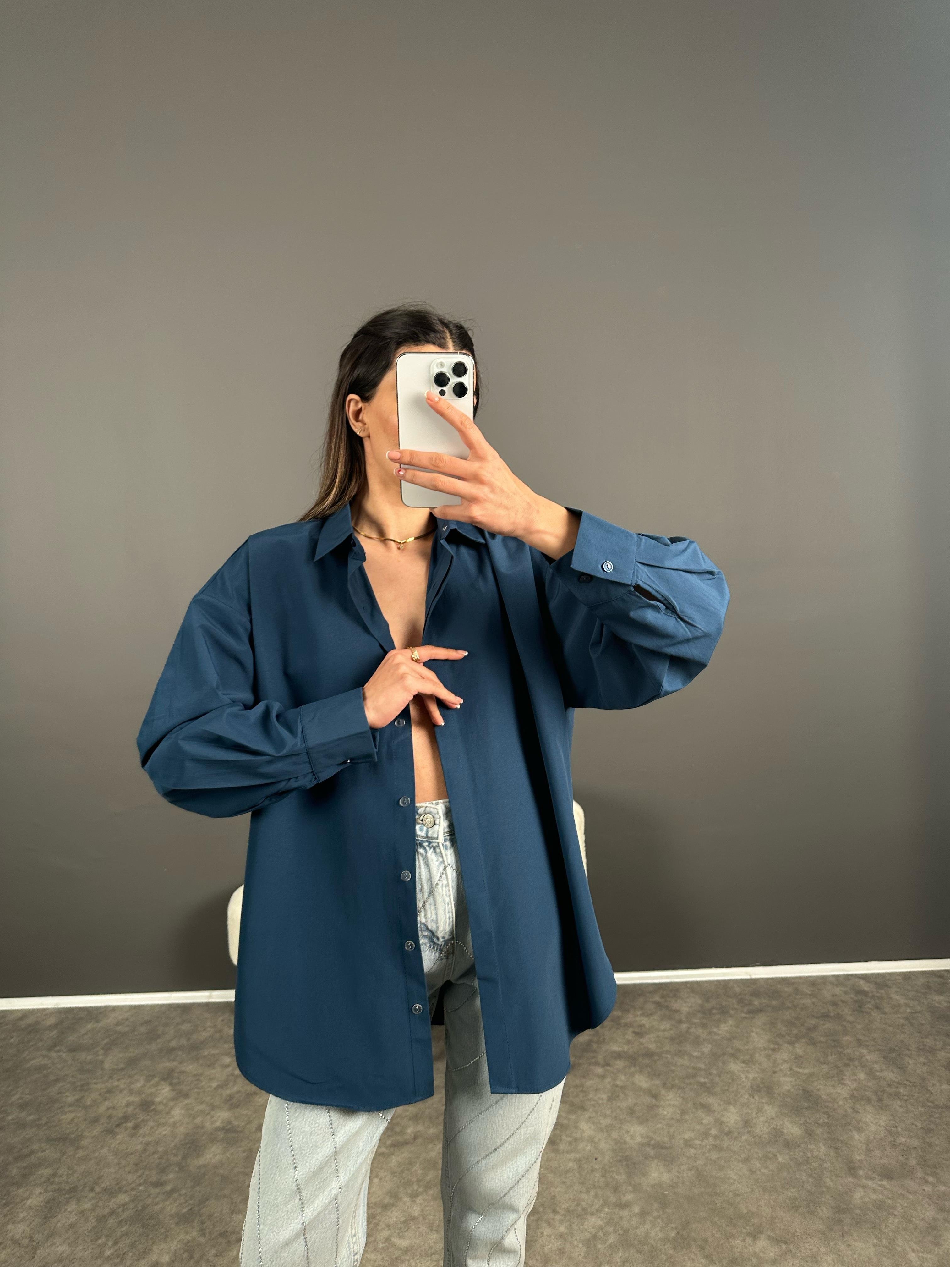 Min Lacivert Oversize Gizli Düğmeli Gömlek