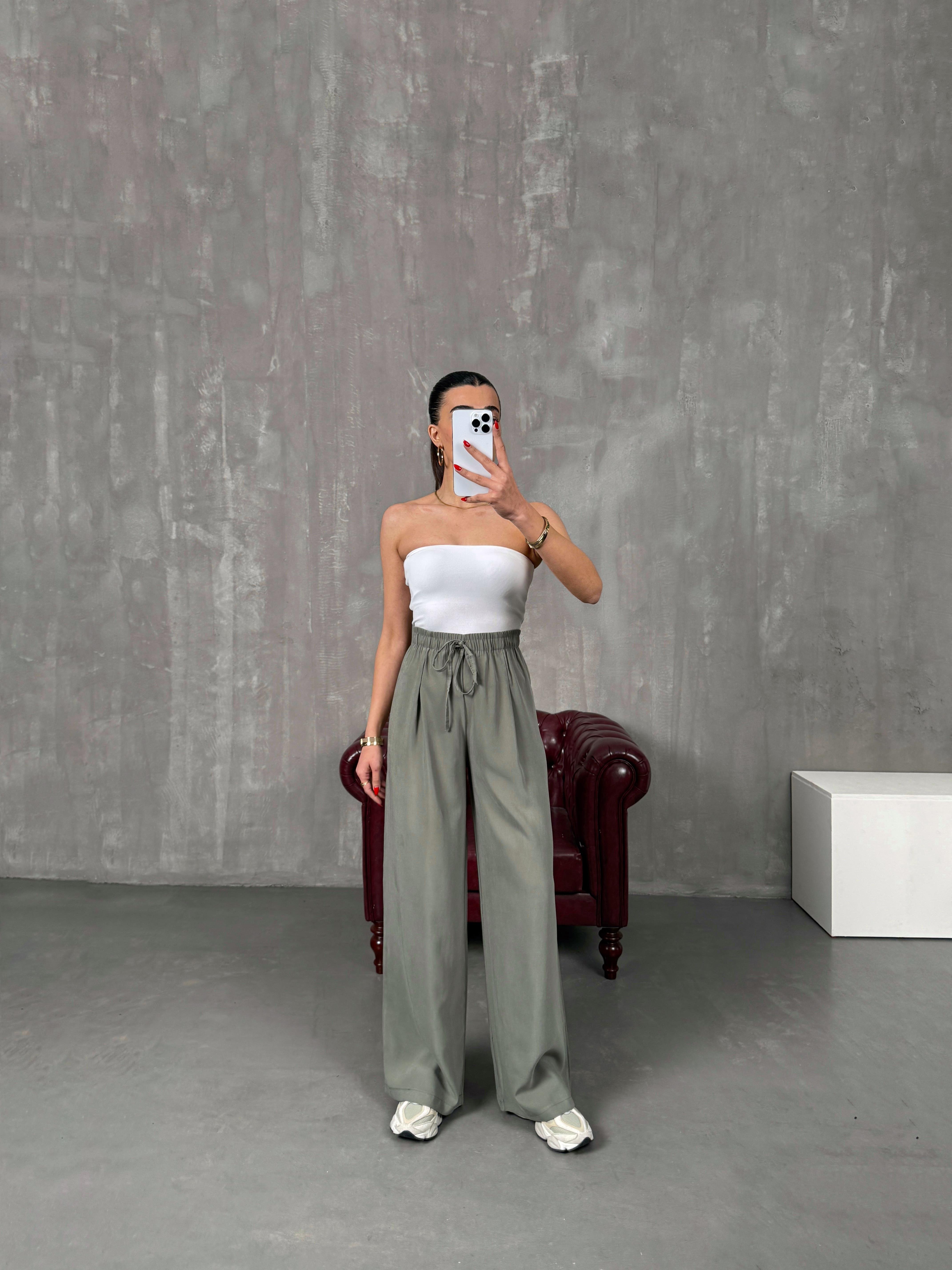 Setra Haki Beli Lastikli Tensel Kumaş Pantolon