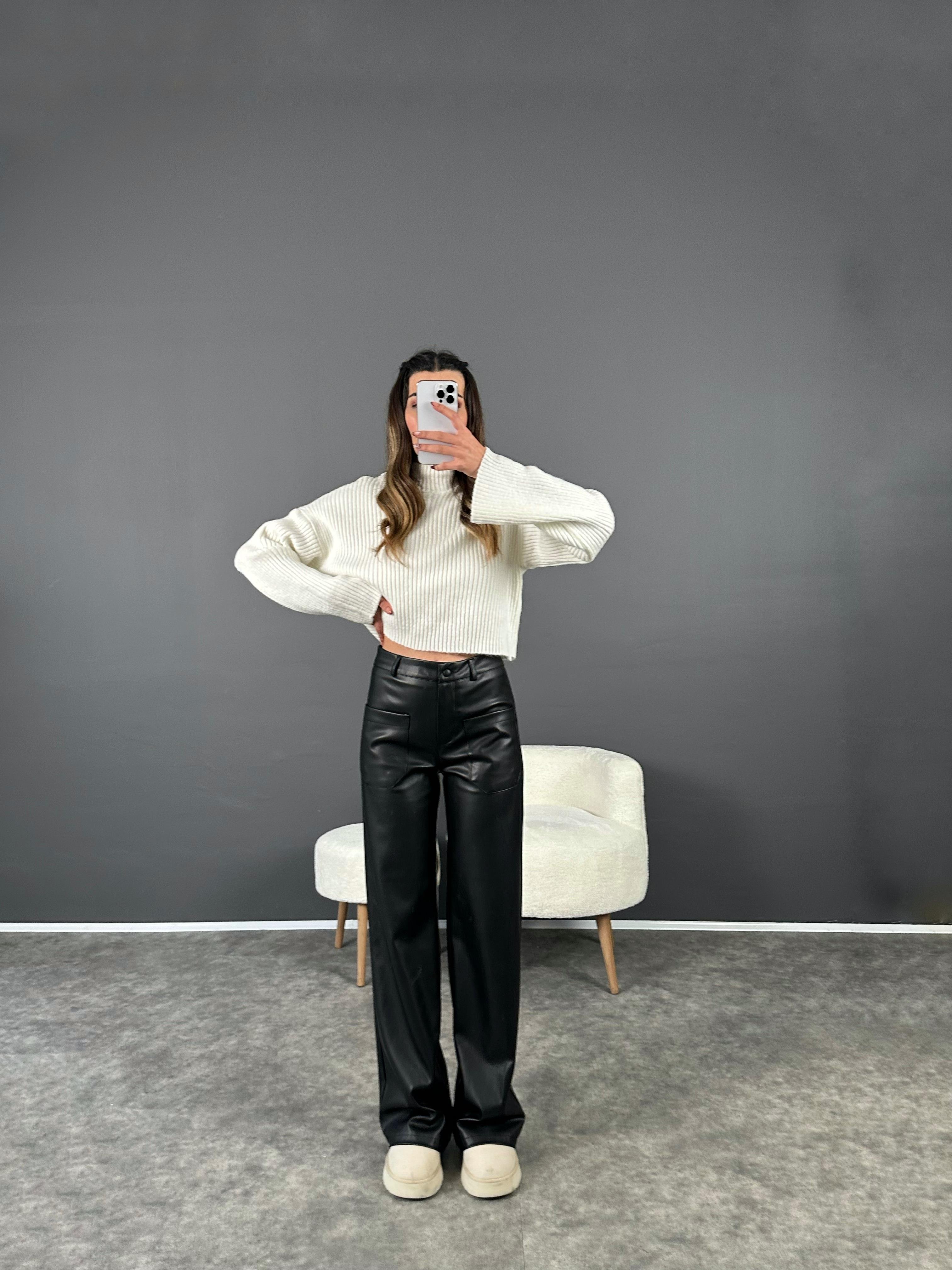 Siyah Ön Cepli Şardonlu Deri PantolonGausPANTOLONGU002891