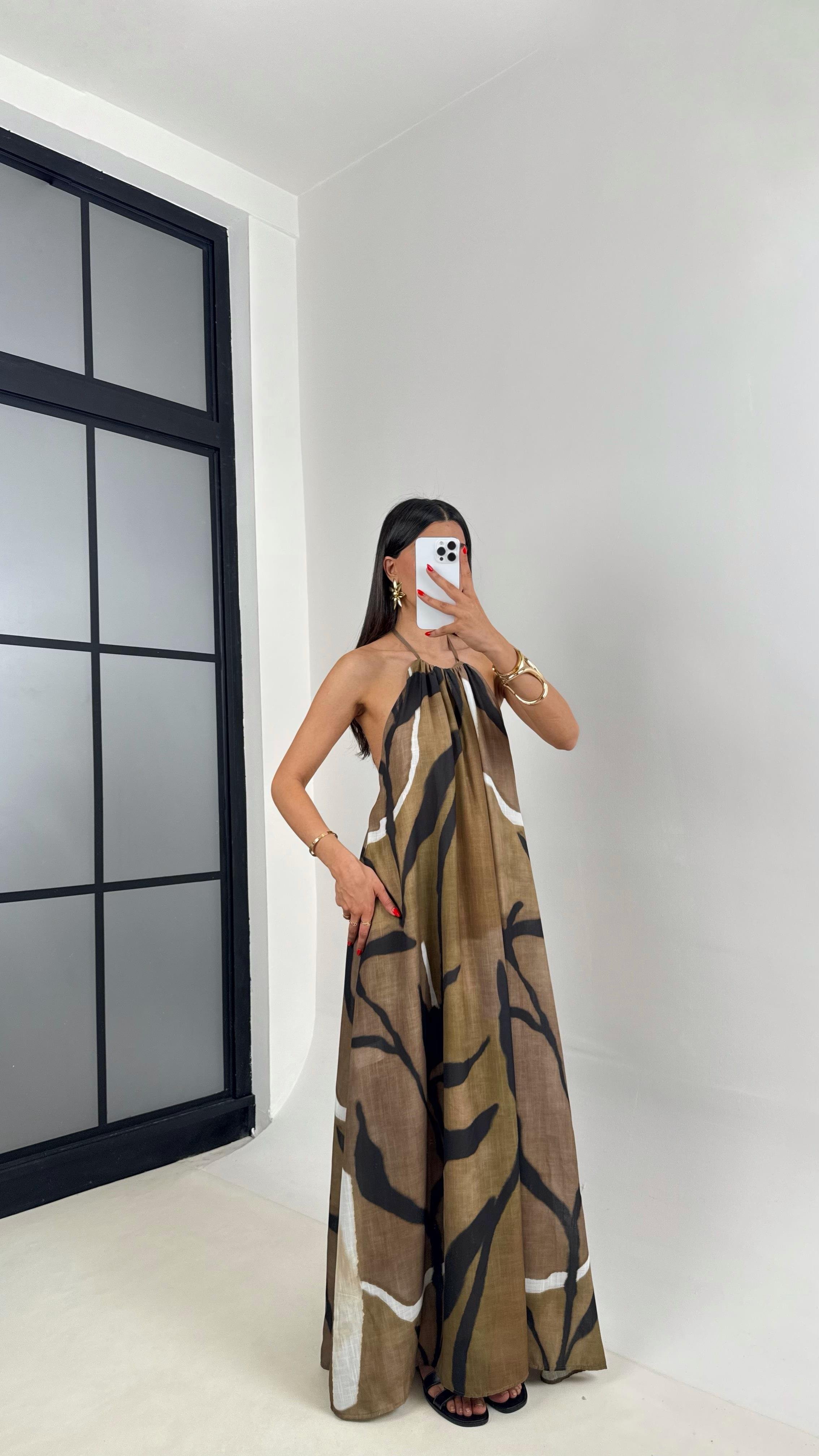 Haki Desenli Boyundan Bağlamalı Astarlı Keten Elbise Gaus00502GausELBİSEGU1002178