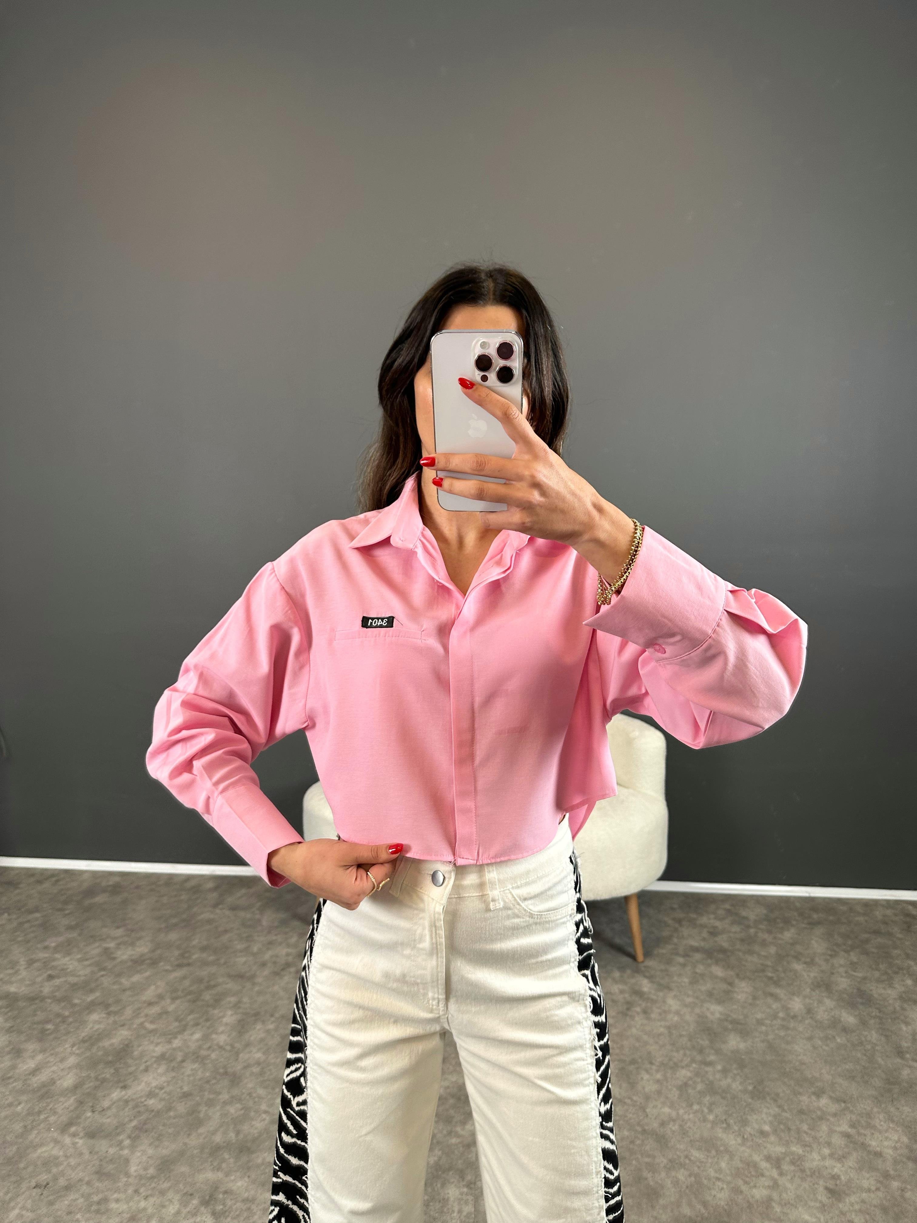 Cardi Pembe Baskılı Crop Gömlek