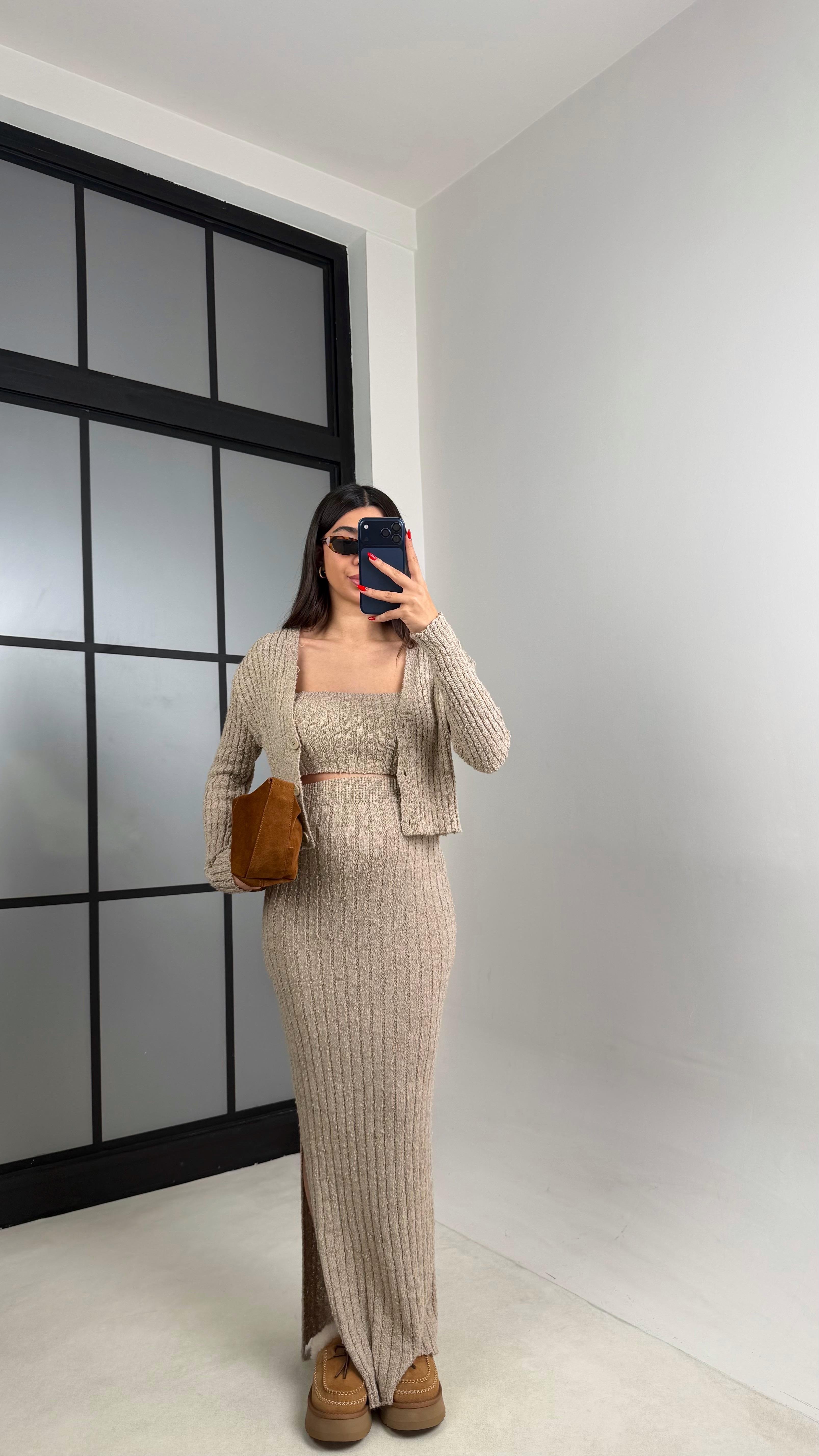 Vizon Hırka Crop Beli Lastikli Yırtmaç Detaylı Etek Triko Takım GAUS-00969GAUSTAKIMGAUS-00969