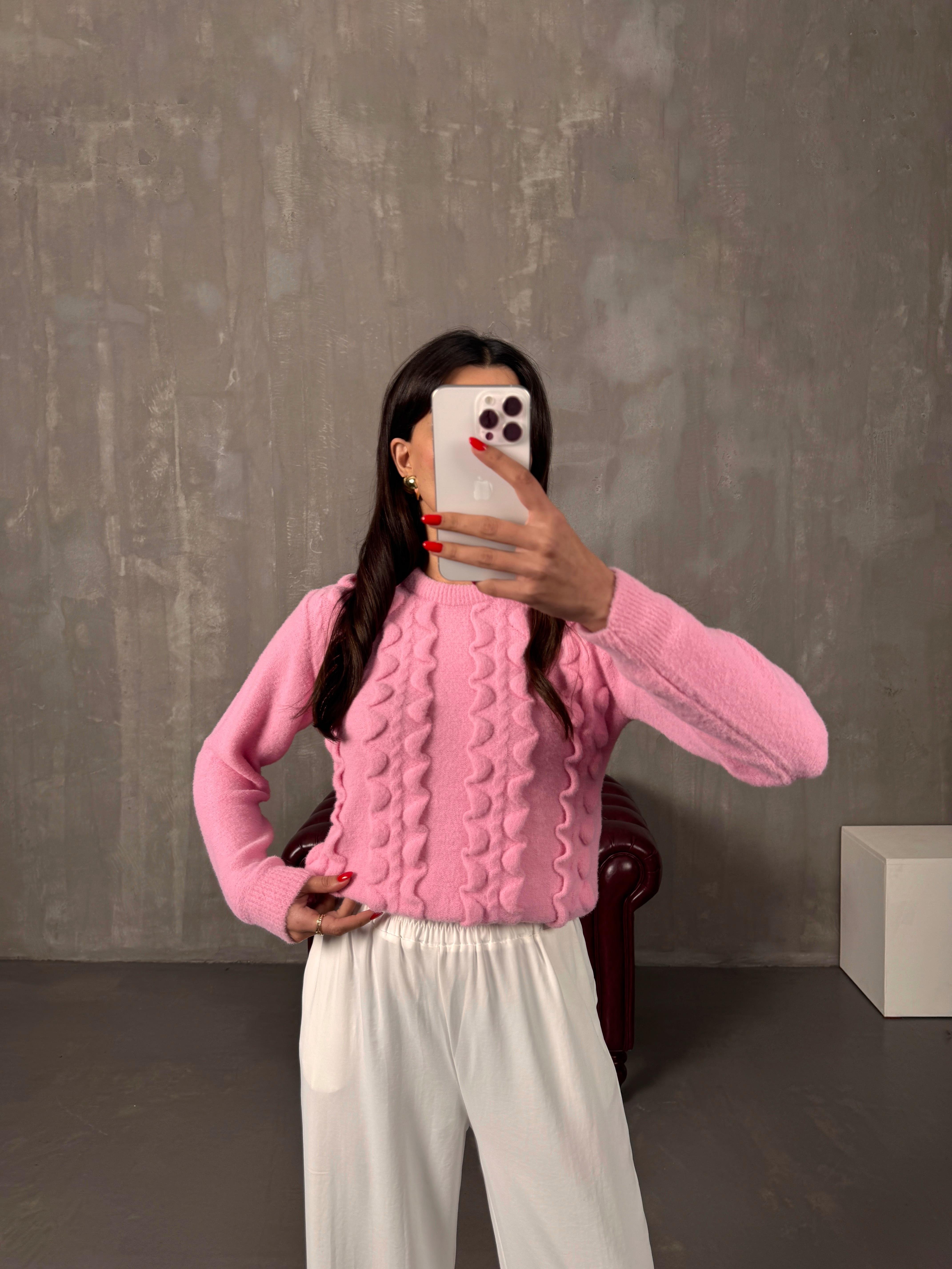 Chers Pembe Bisiklet Yaka Yumoş Kazak