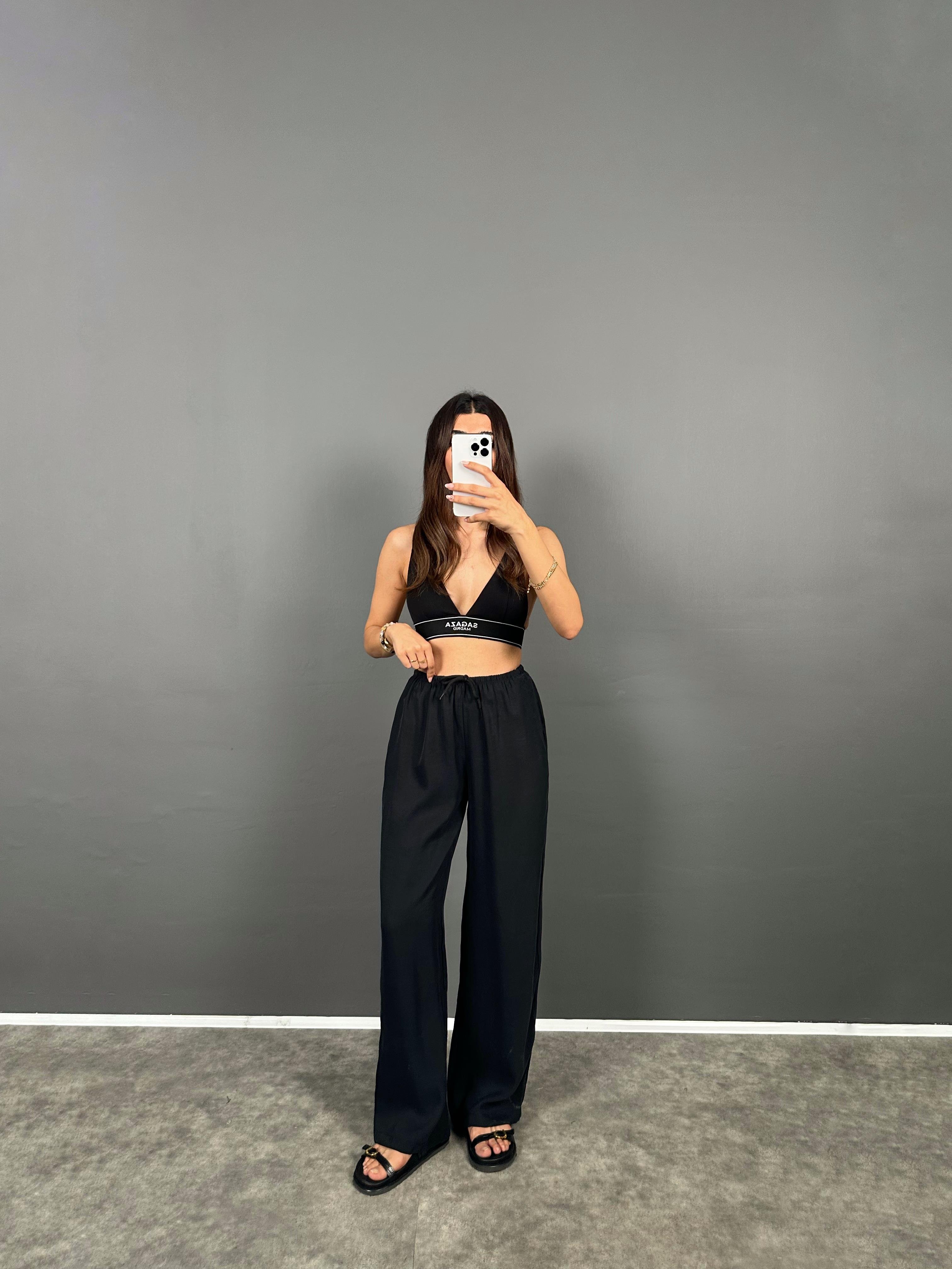 MD Siyah Beli Lastikli Cepli  İthal Kumaş Rahat Dokuma Muadil Pantolon