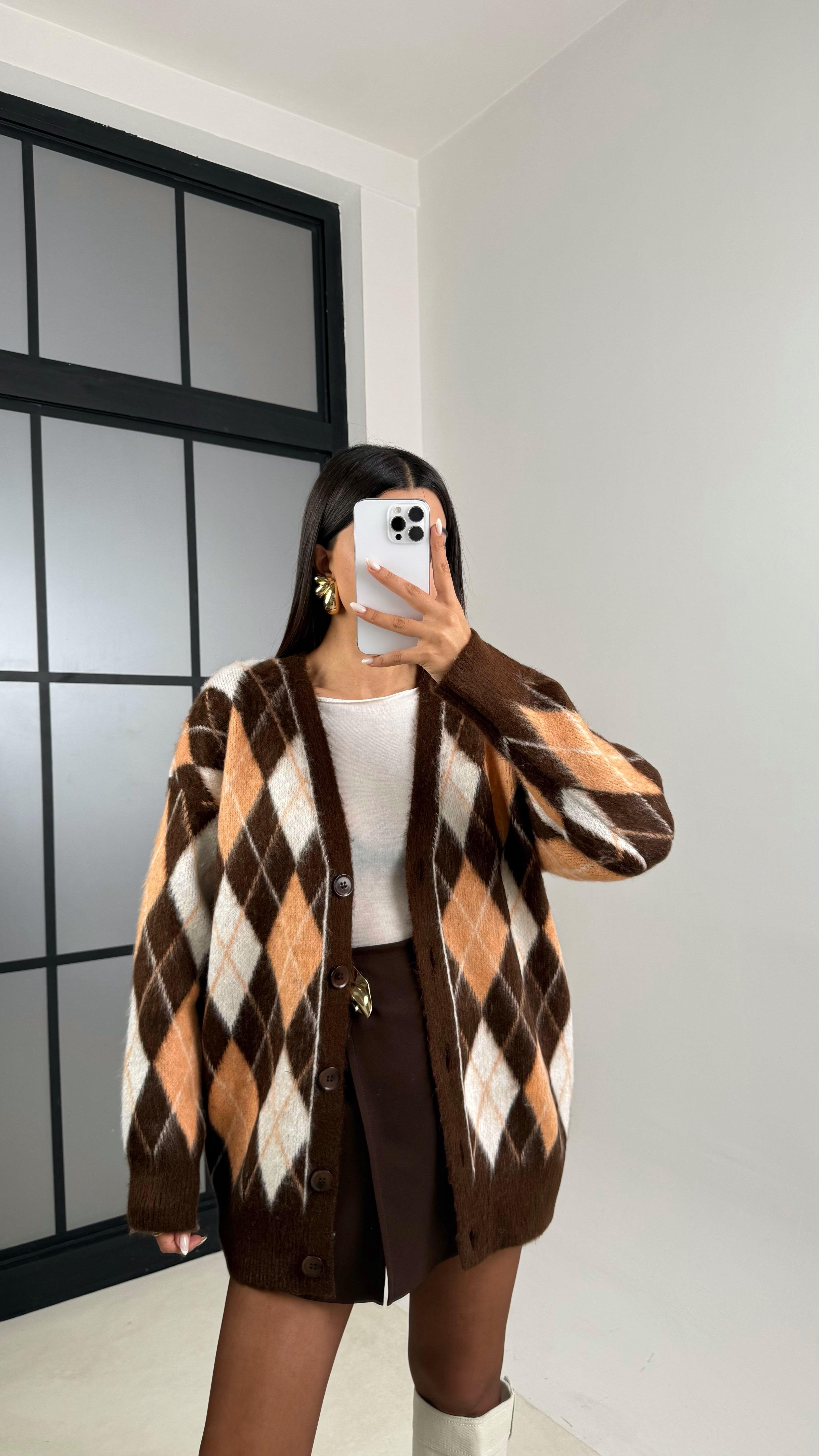 Turuncu Baklava Desenli Düğmeli Hırka GAUS-00493GAUSHIRKAGAUS-00493