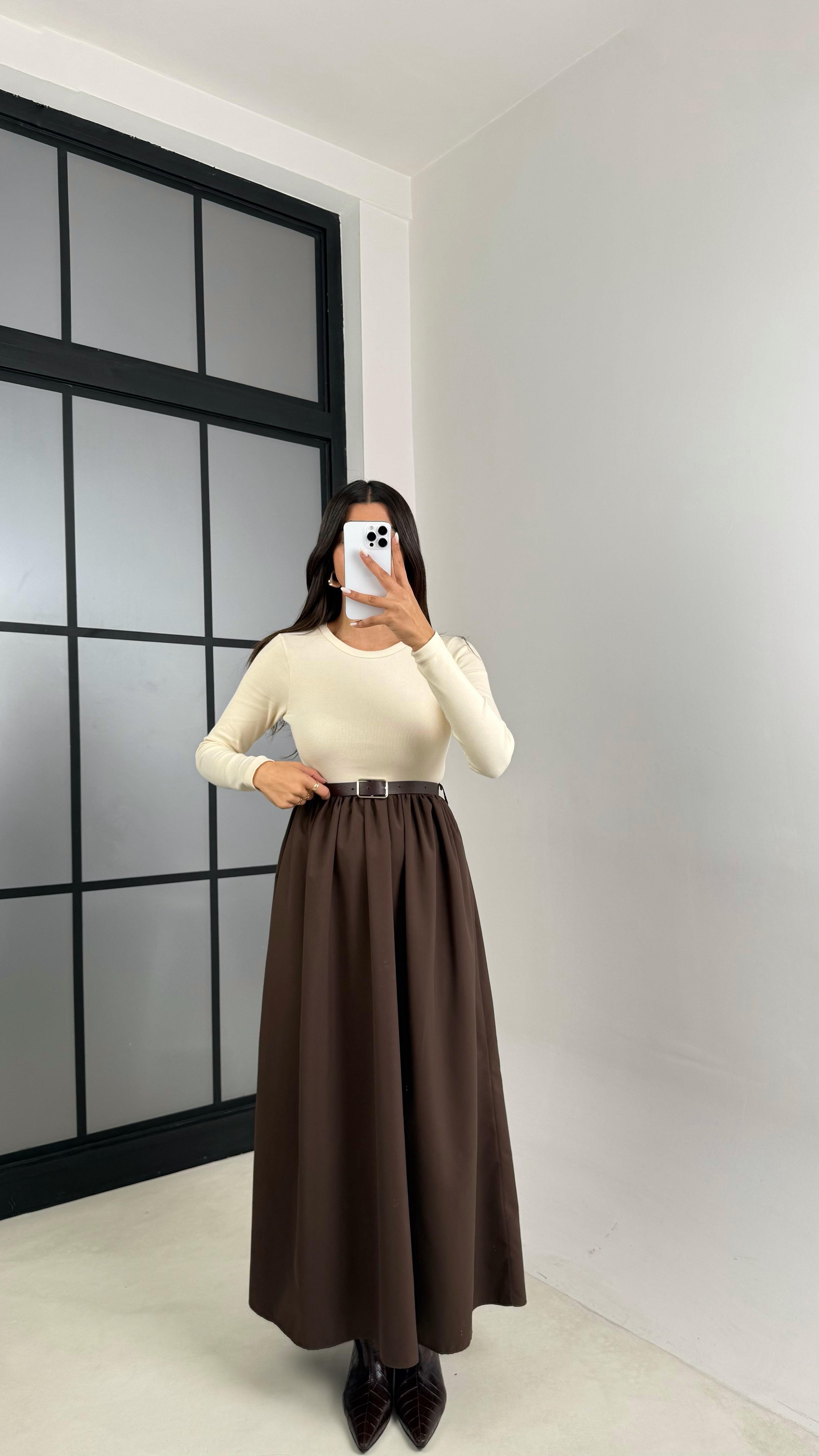 Kahve Uzun Kol Beli Lastikli Kemerli Elbise GAUS-01214GAUSDressesGAUS-01214