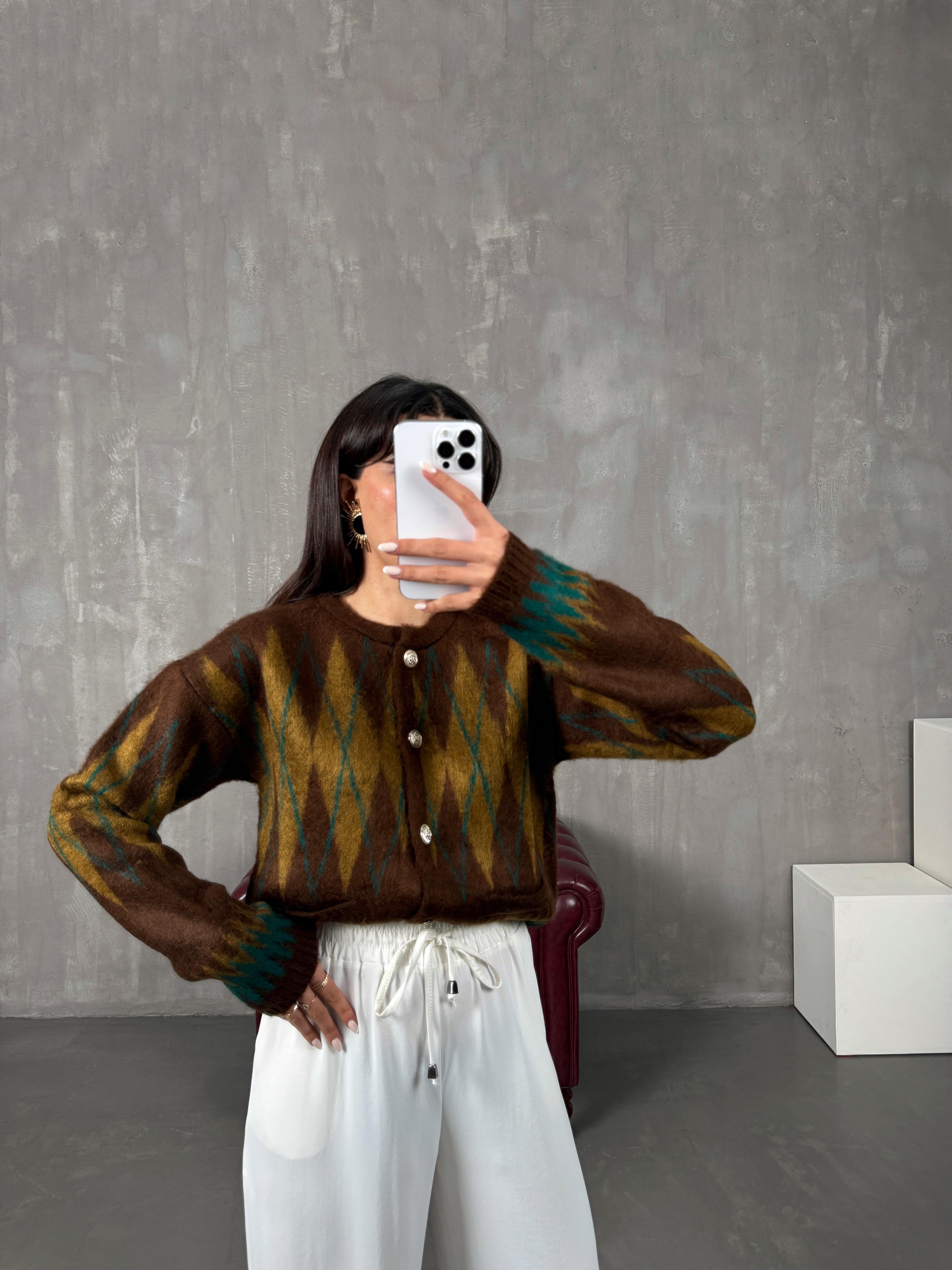 Manusa Yeşil Kahve Sakallı Desenli Düğmeli MD Hırka