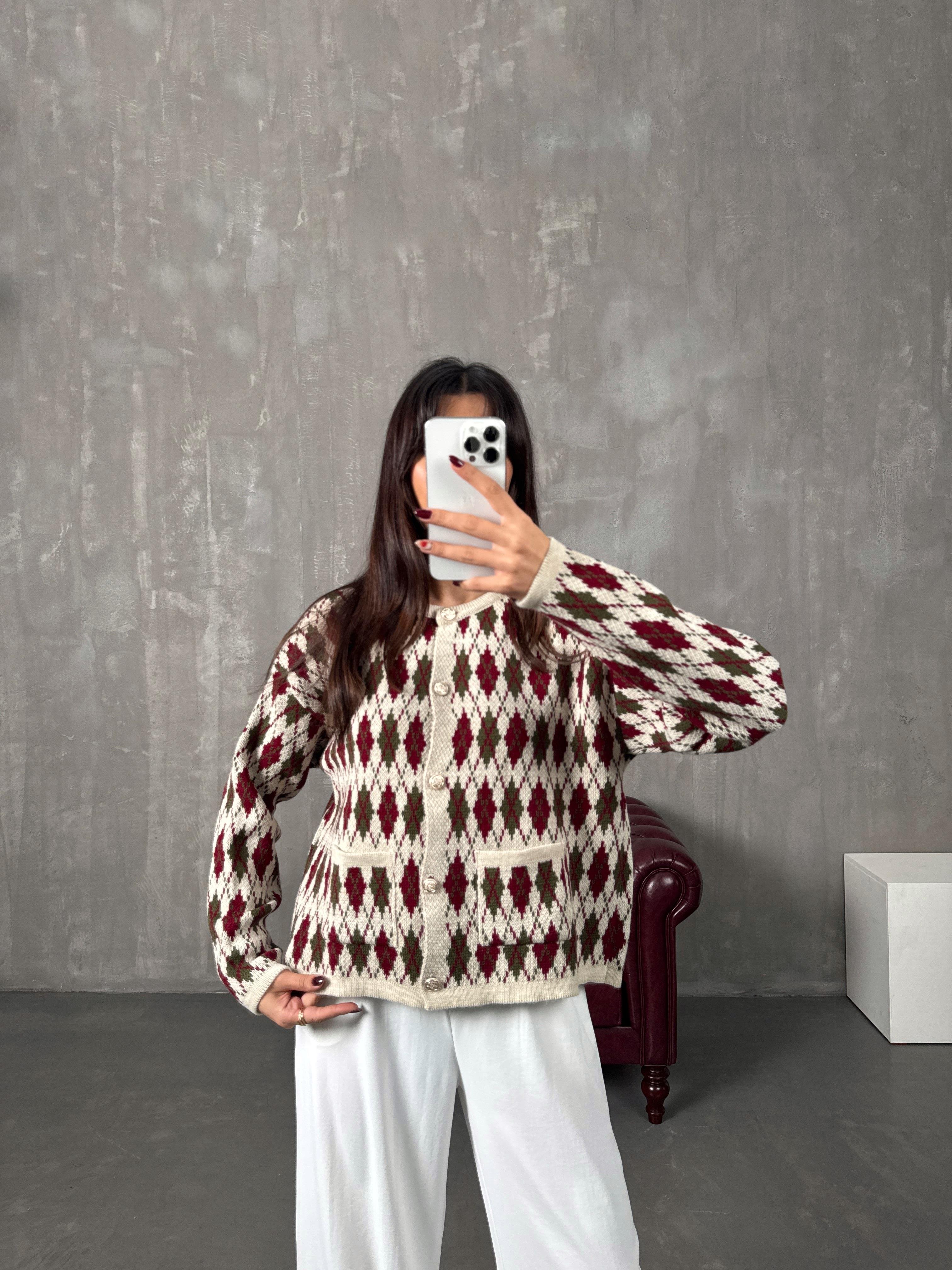 Garcia Krem Bordo Baklava Desenli Hırka