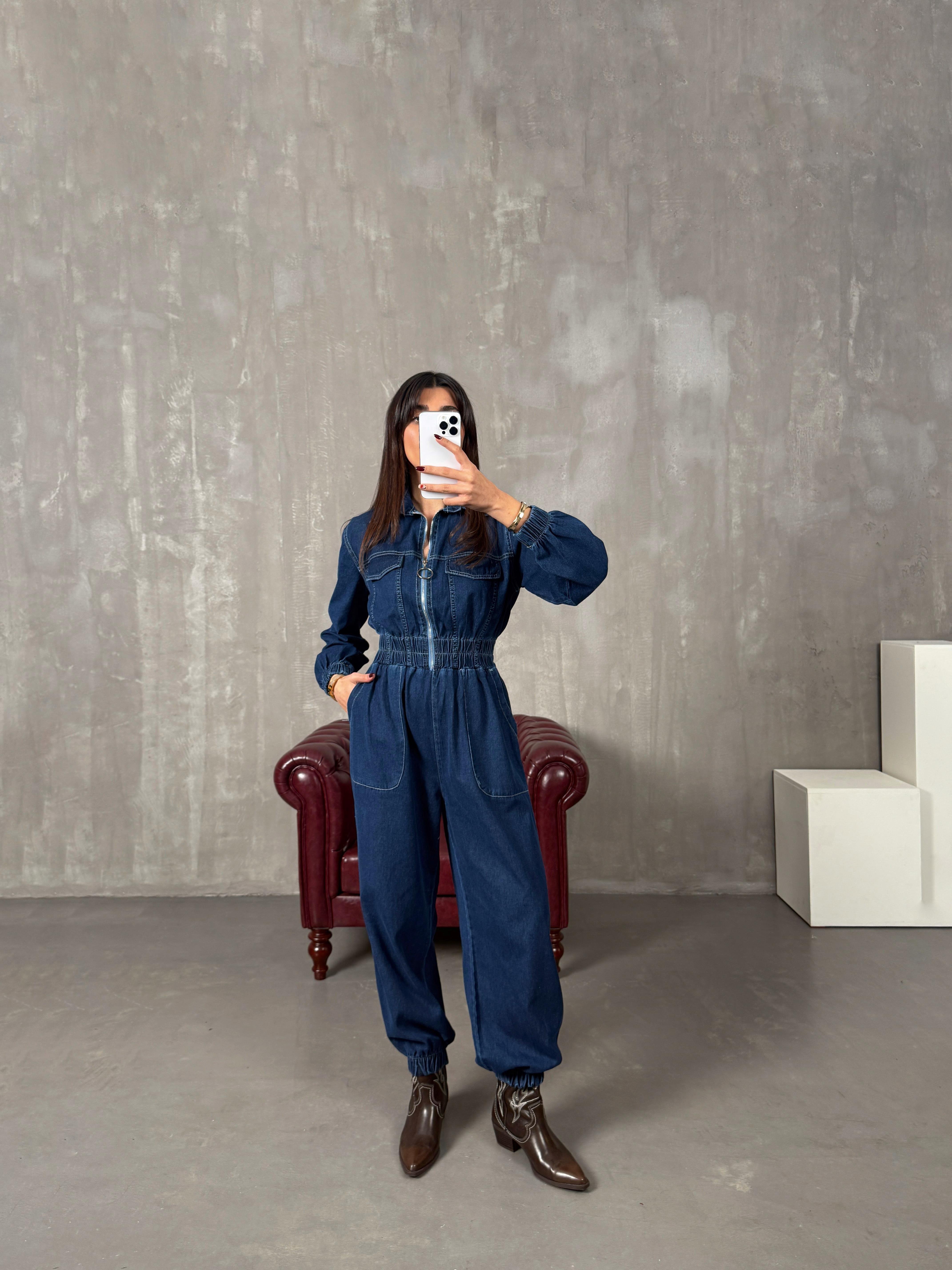 Setre Mavi Önden Fermuarlı Denim TulumGausTULUMGU10049