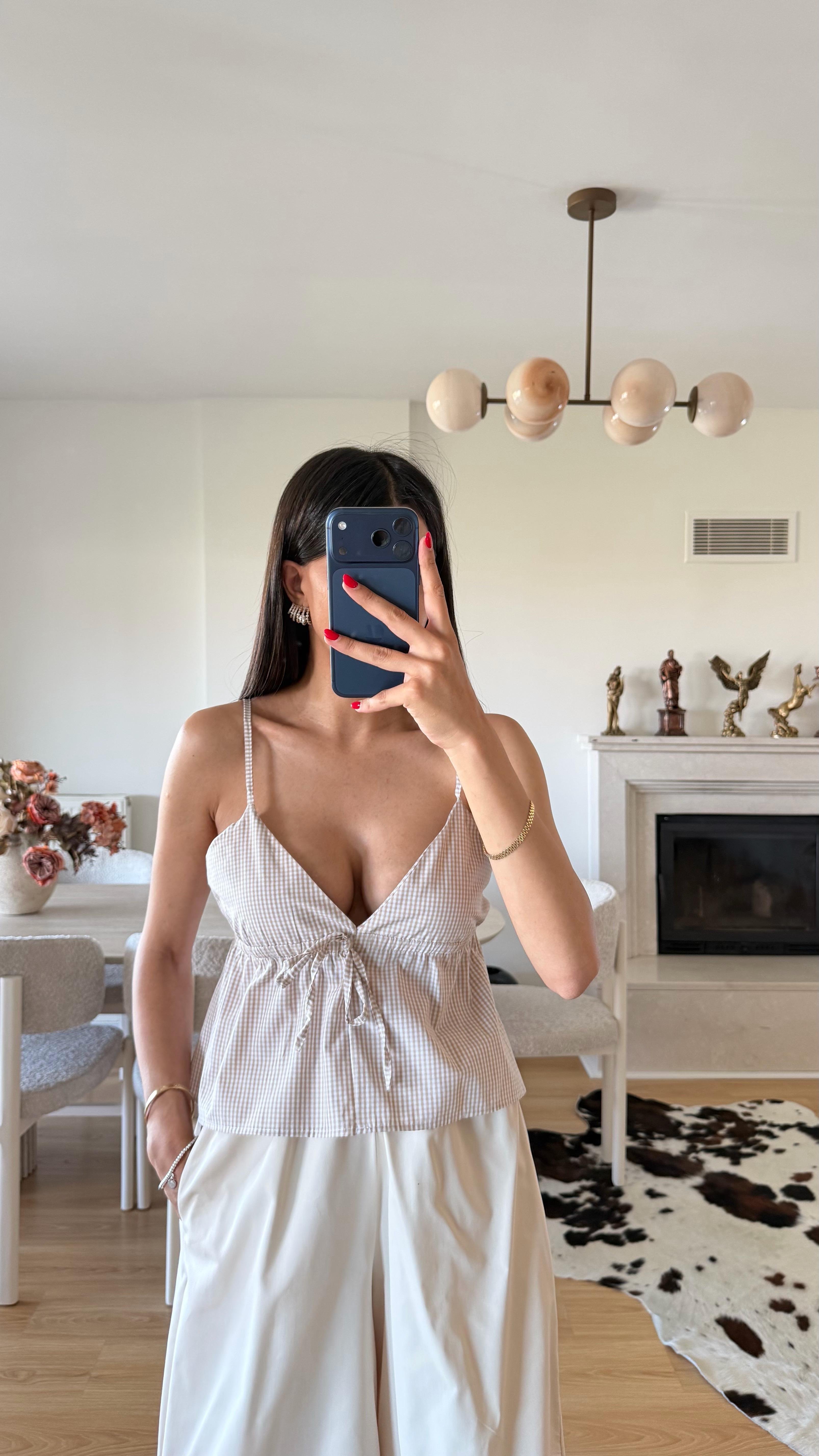 Bej Ekoseli Bluz GAUS-01599GAUSالبلوزات GAUS-01599