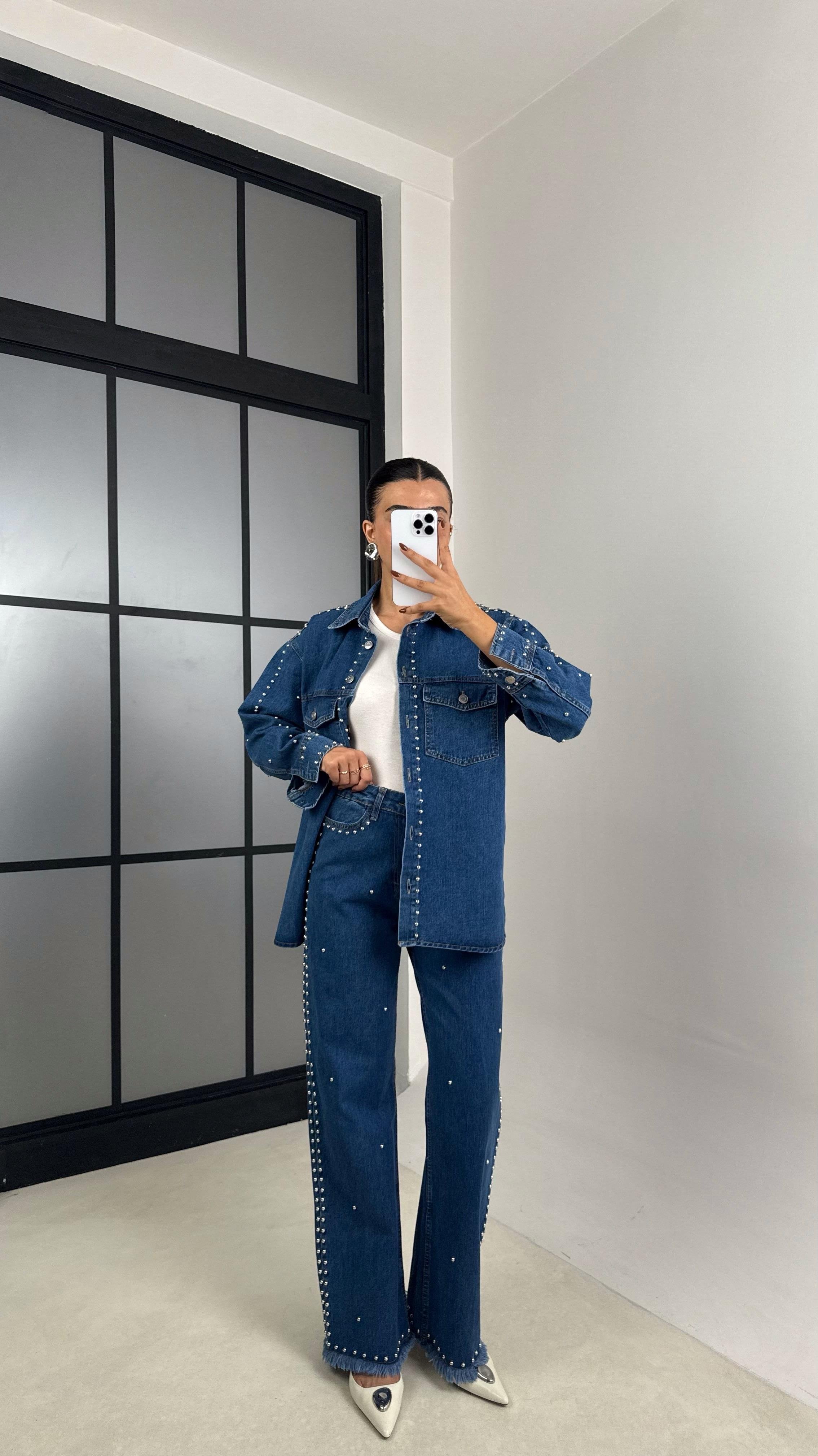 Lacivert Zımba Detaylı Gömlek Pantolon İkili Denim Takım GAUS-00194GAUSTAKIMGAUS-00194