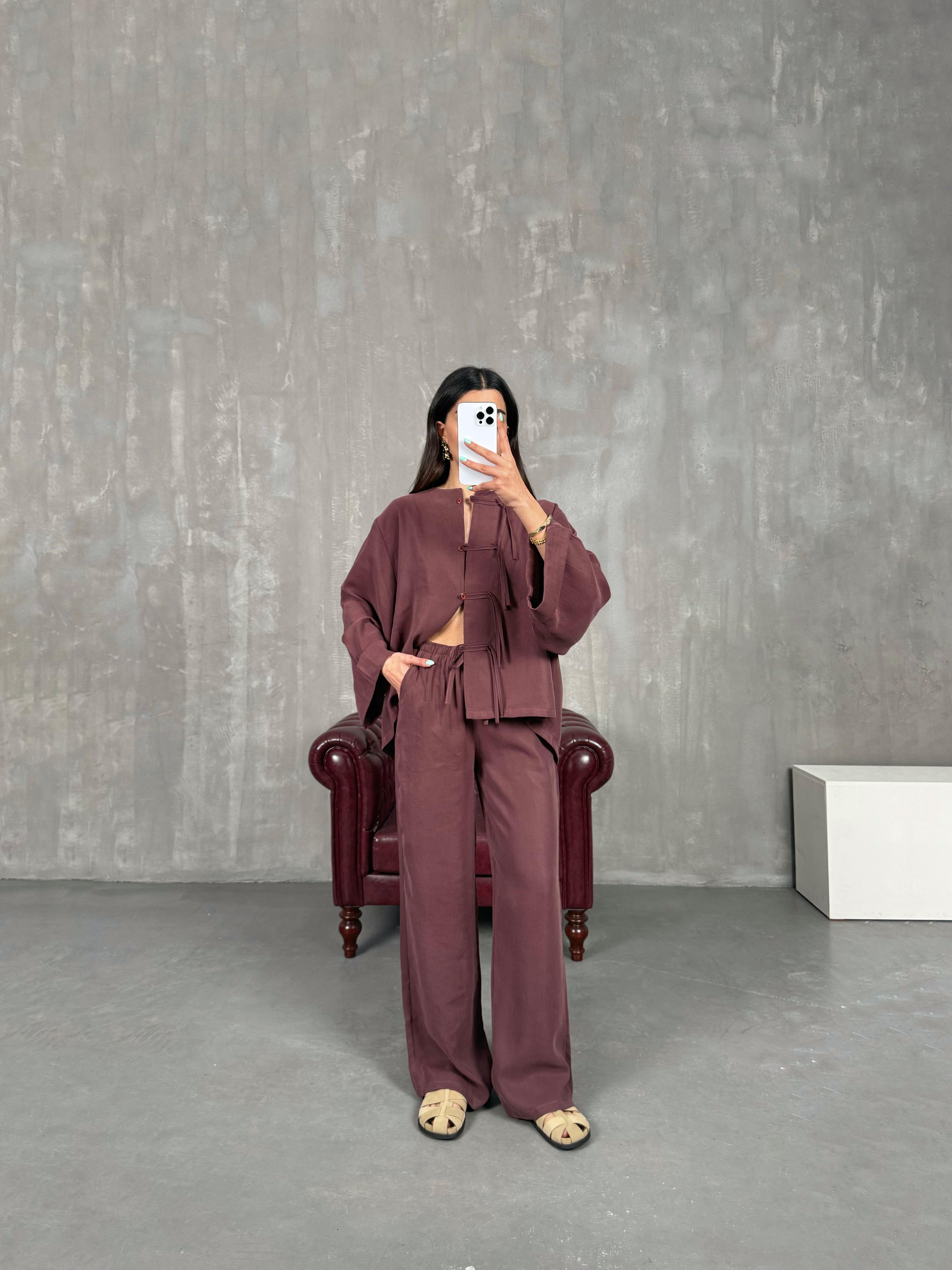 Bordo Yaka Düğmeli Gömlek Beli Lastikli Pantolon Tensel Takım Gaus00238GausTAKIMGU1001551