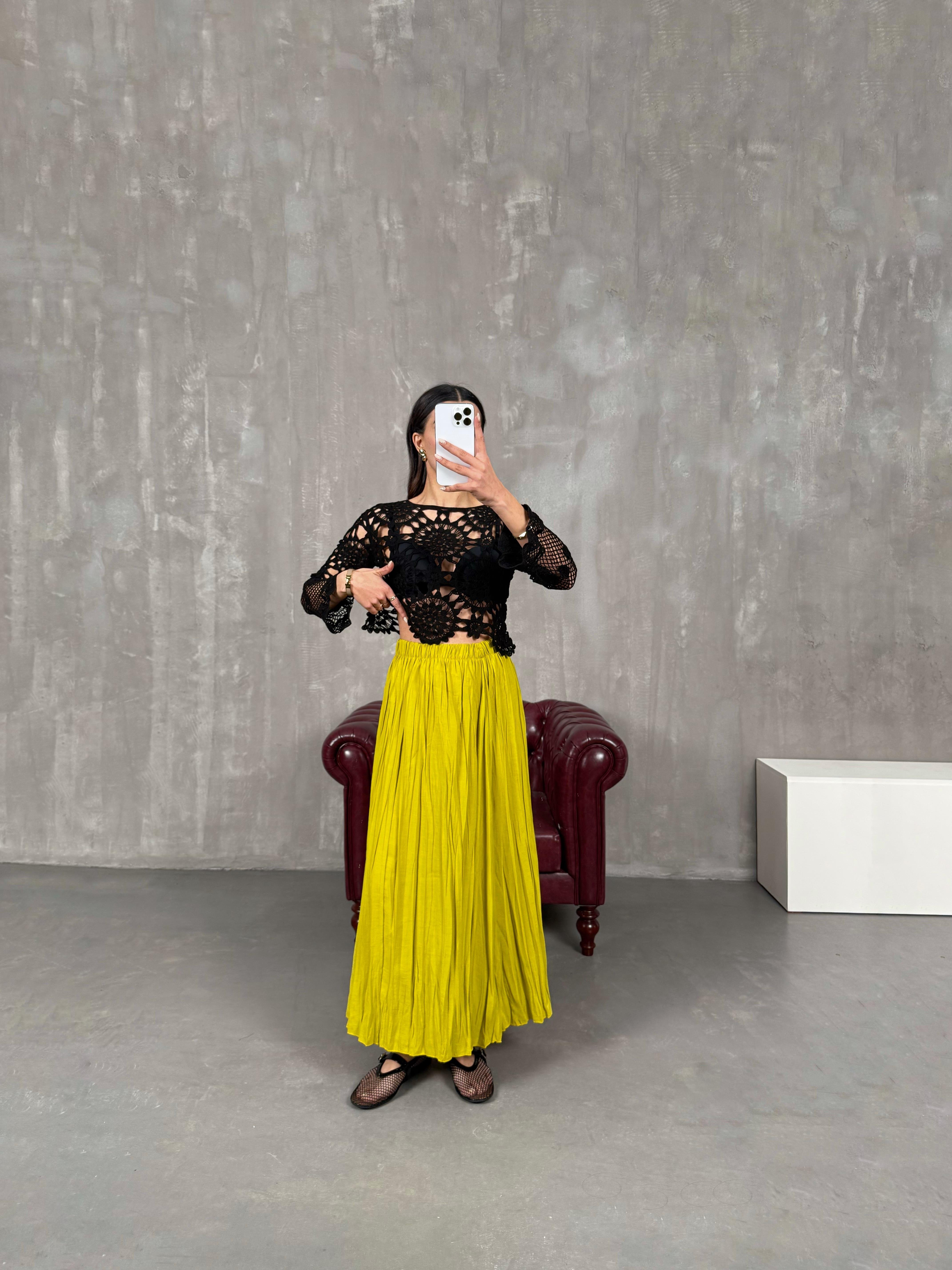 Penole Yağ Yeşili Kırışık Tensel Etek