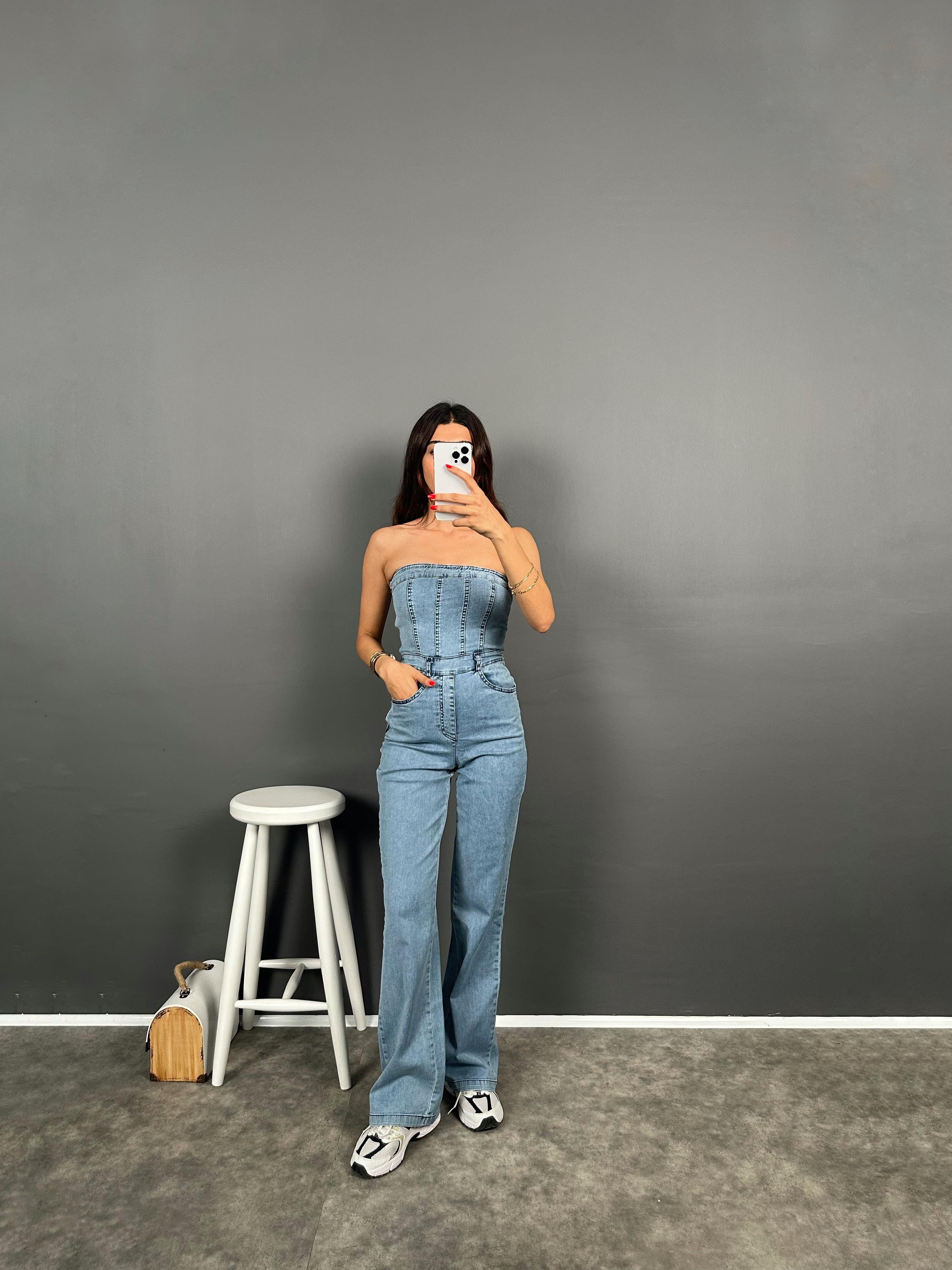 Ria Straplez Fermuarlı Denim Tulum