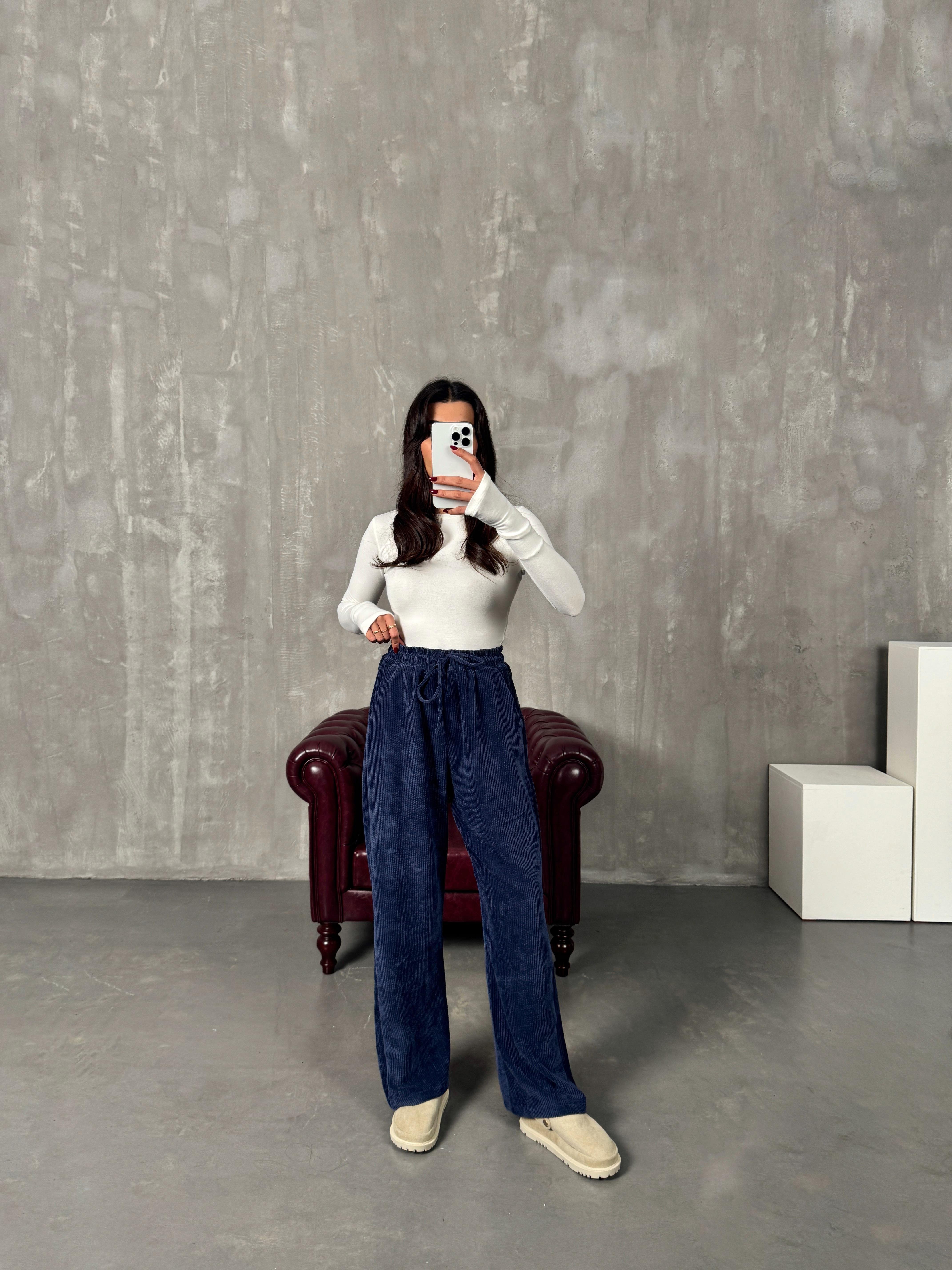 Mexa Lacivert Beli Lastikli Kadife Eşofman AltıGausEŞOFMANGU00903929