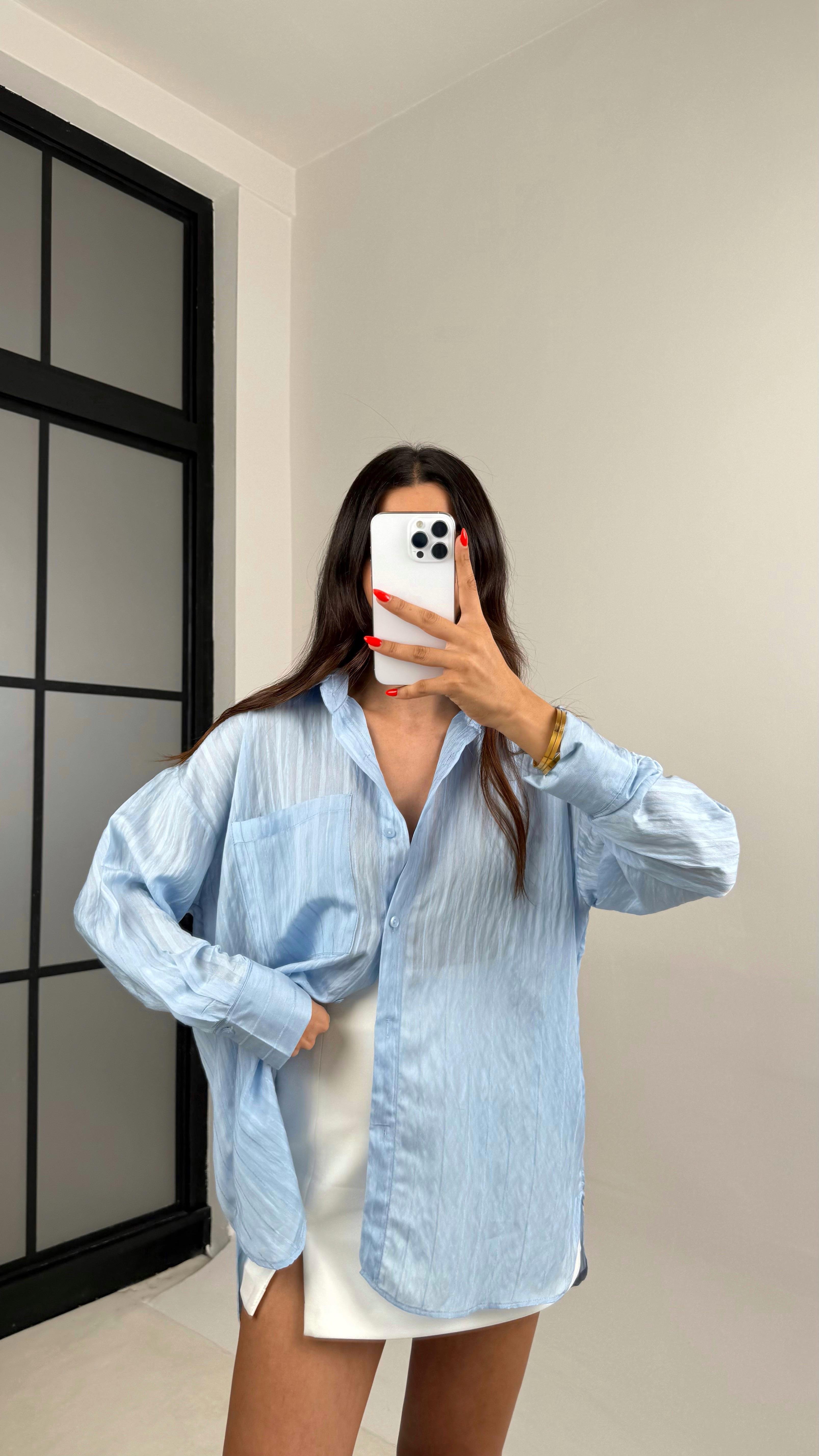 Mavi Şerit Desenli Kırışık Tencel Gömlek GAUS-0032GAUSGÖMLEKGAUS-0032