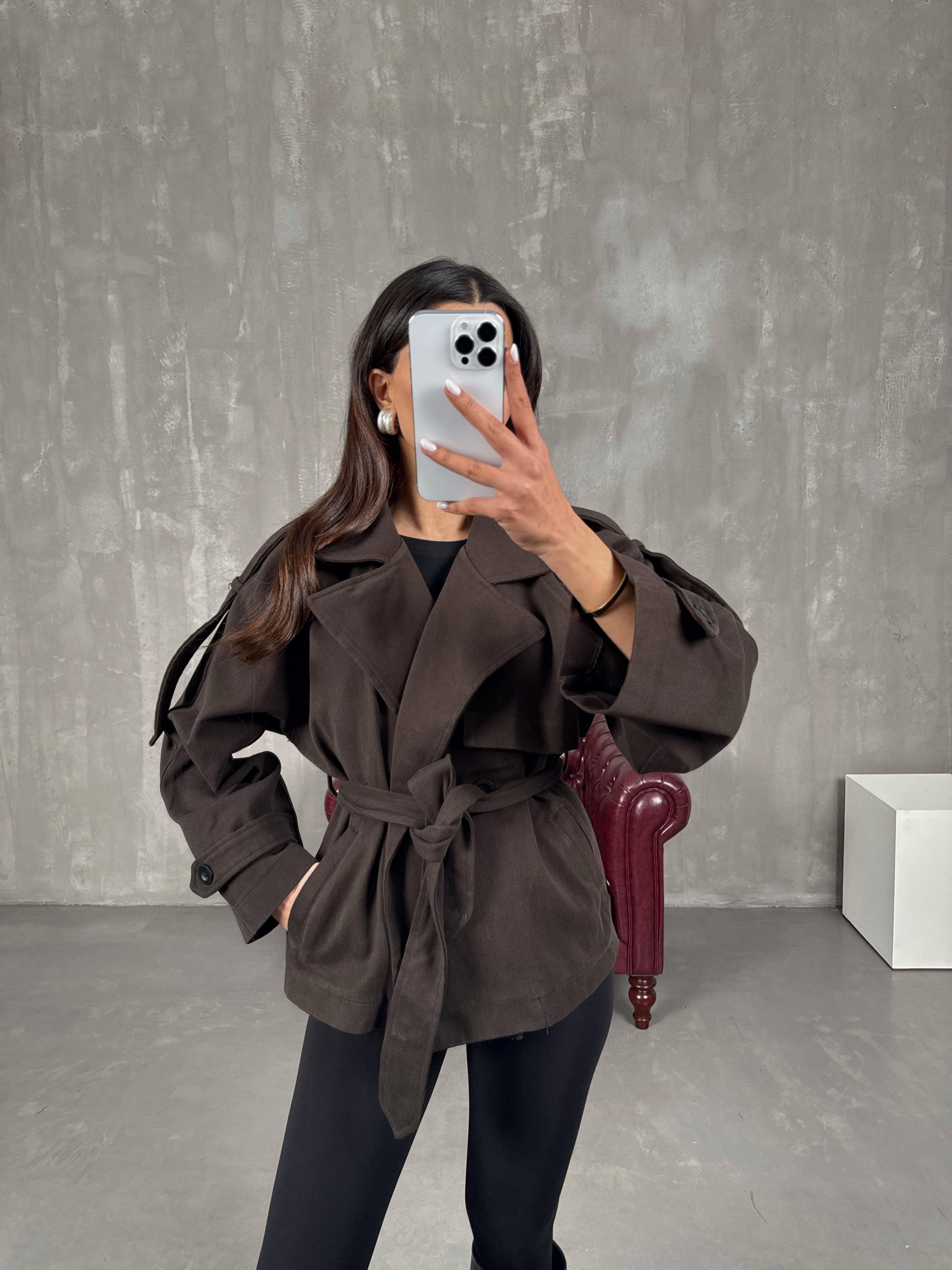 Vegas Acı Kahve Kuşaklı Kısa TrençkotGausTRENÇKOTGU100841