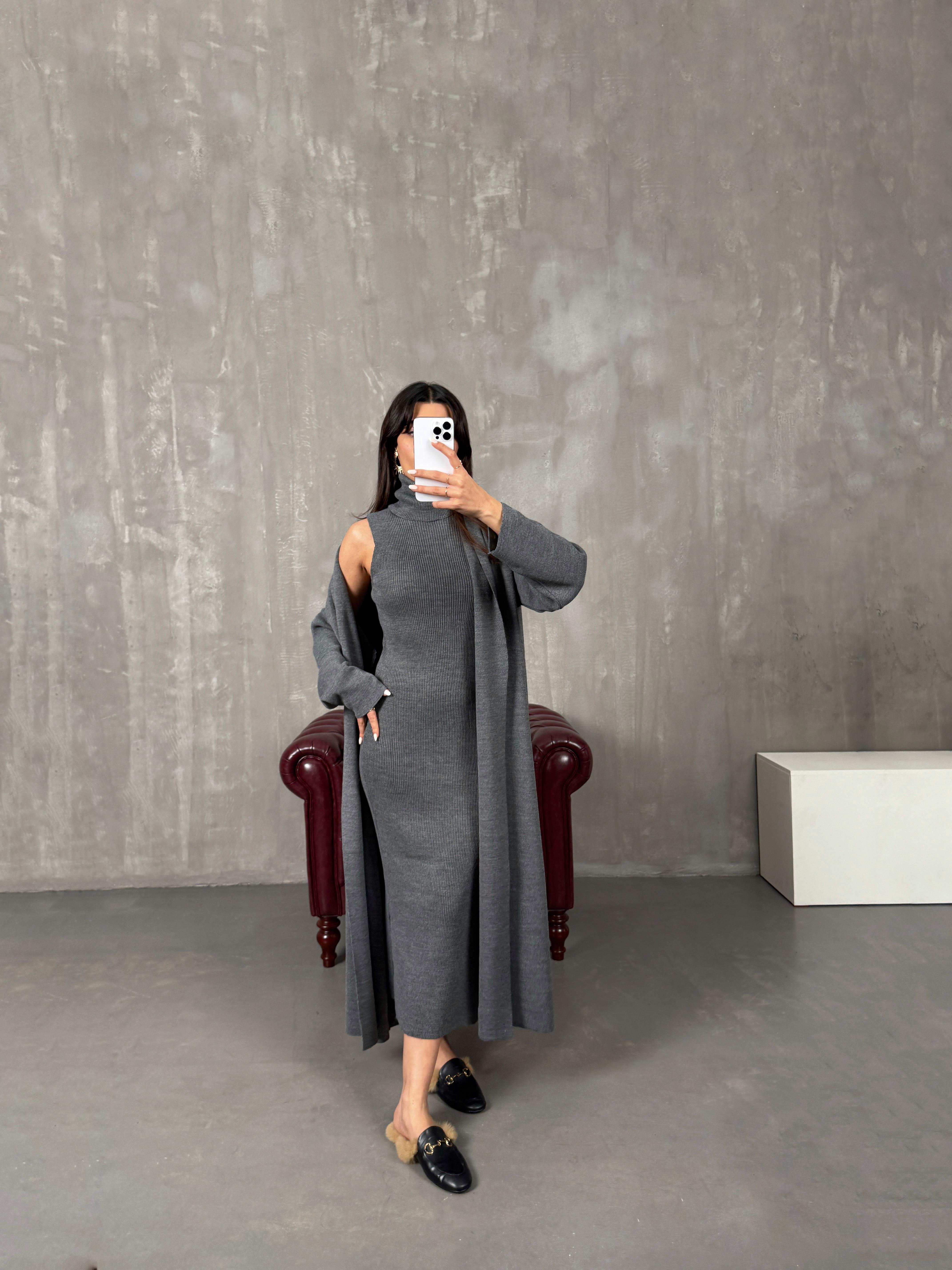 Sores Antrasit Balıkçı Yaka Yandan Yırtmaçlı Elbise Triko Hırka İkili Takım