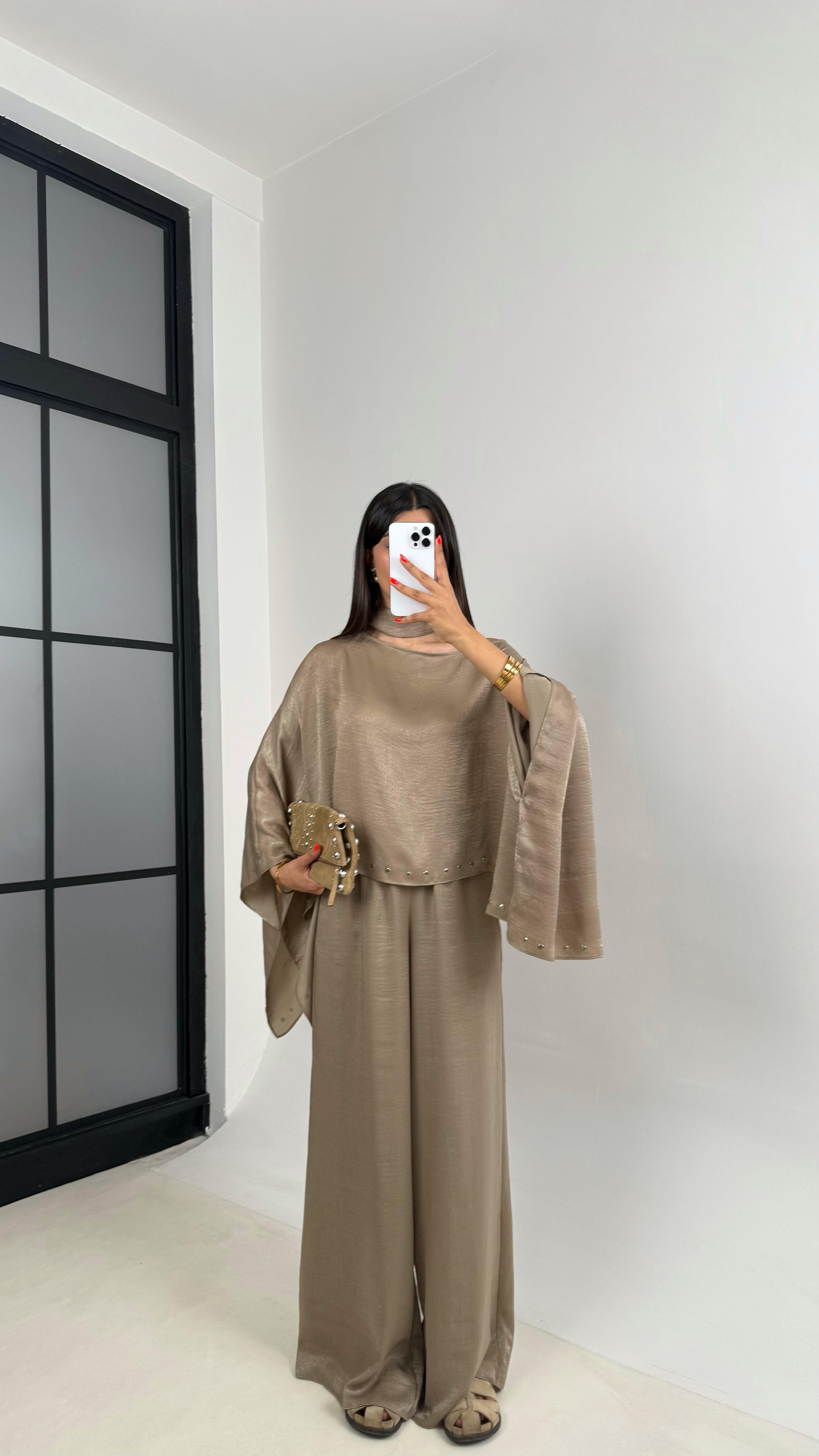 Yeşil Zımba Detaylı Yarasa Kol Bluz Beli Lastikli Pantolon ZR Muadil Parlak Tencel Takım Gaus00695GausTAKIMGU1002609