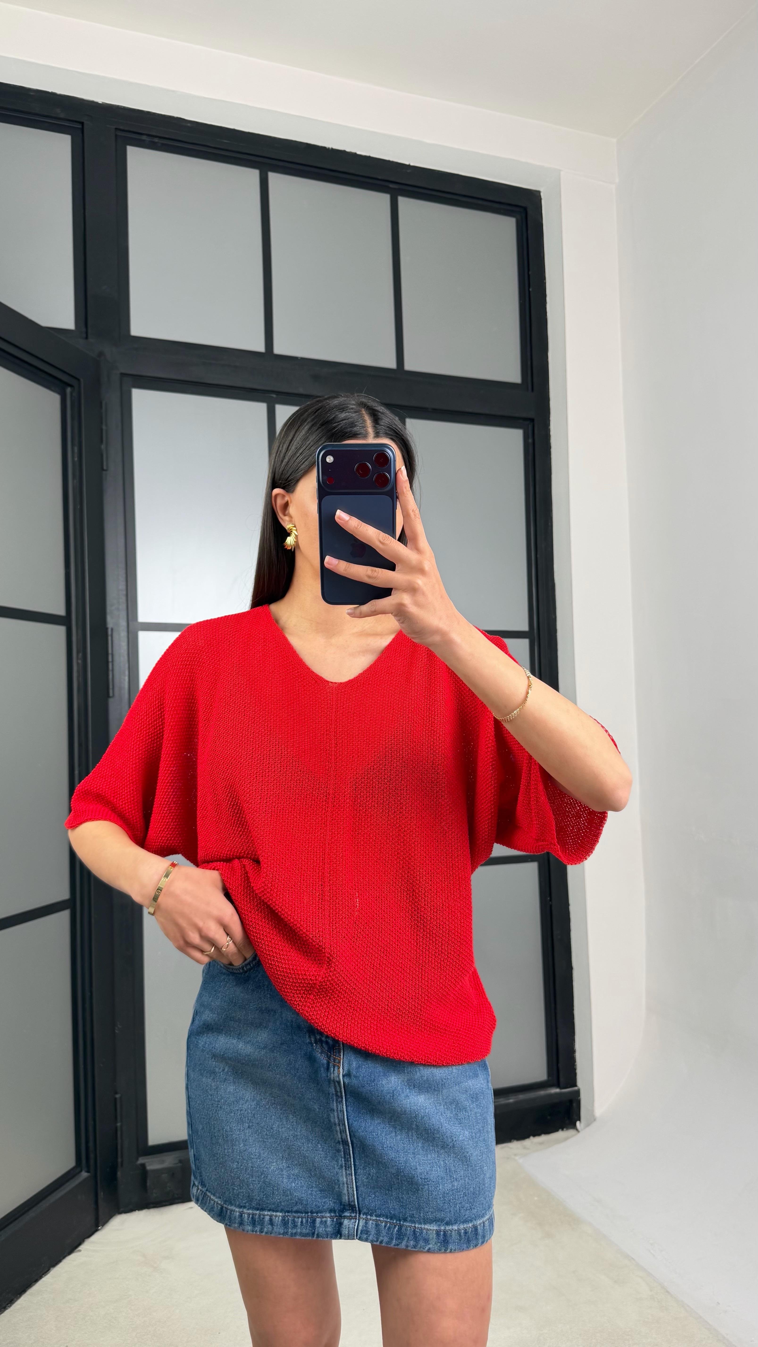 Kırmızı Yarasa Kol Ajurlu Triko Bluz GAUS-01443GAUSBLUZGAUS-01443
