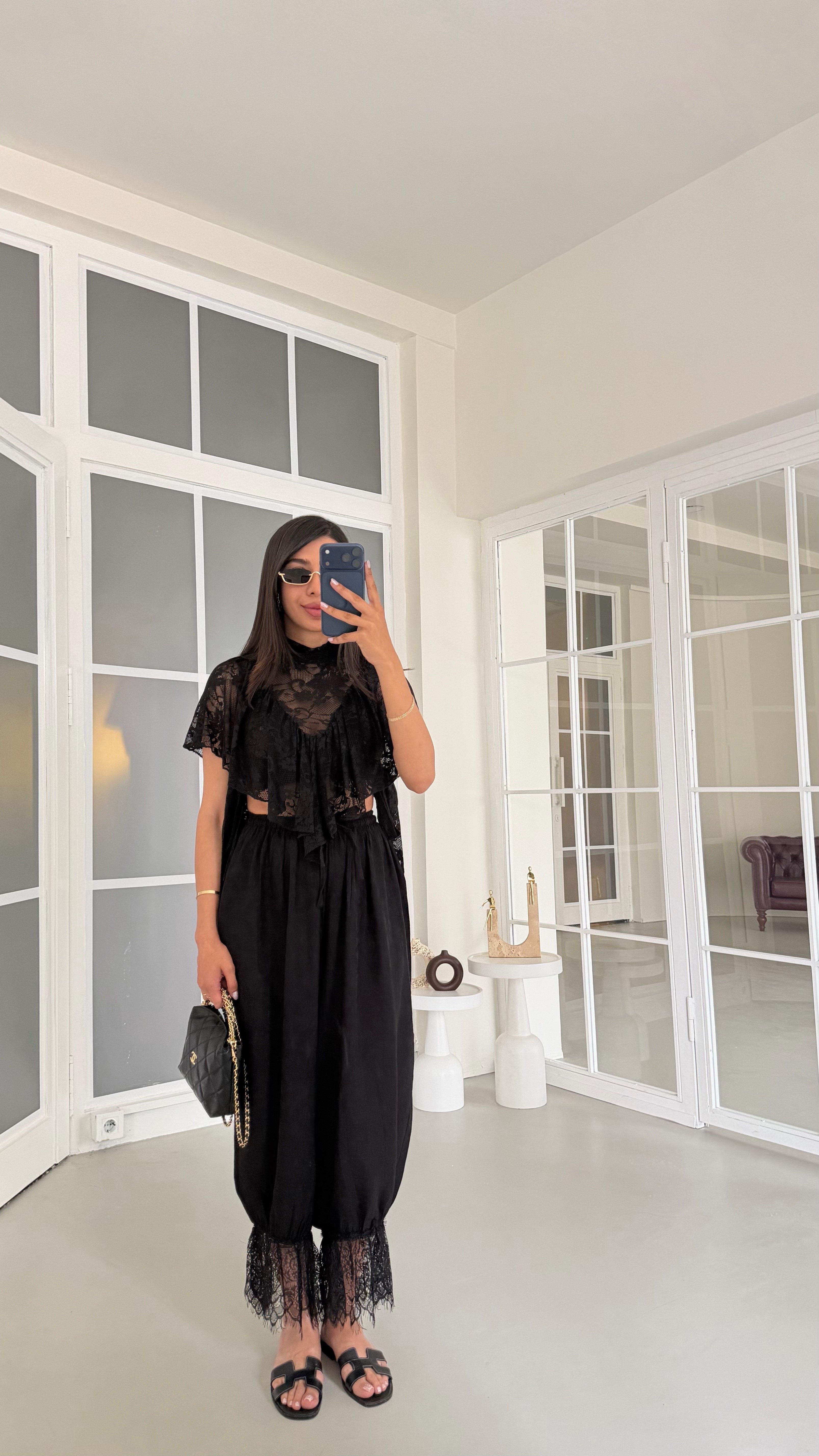 Siyah Beli Lastikli Dantel Detaylı Pinterest Şalvar GAUS-01763GAUSPANTOLONGAUS-01763