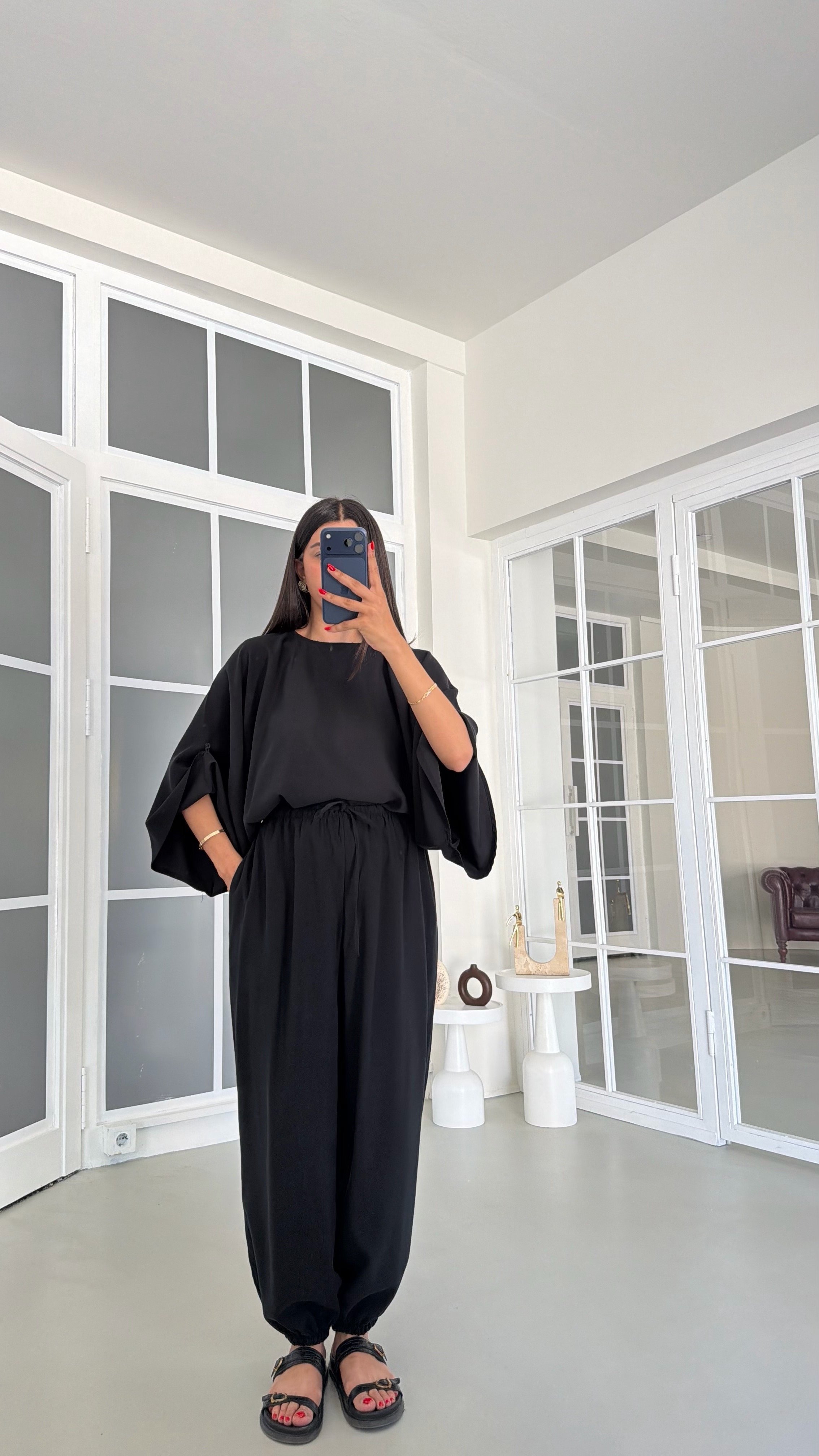 Siyah Yarasa Kol Bluz Beli Lastikli Şalvar Pantolon İkili Tencel Takım GAUS-01840GAUSSuitsGAUS-01840