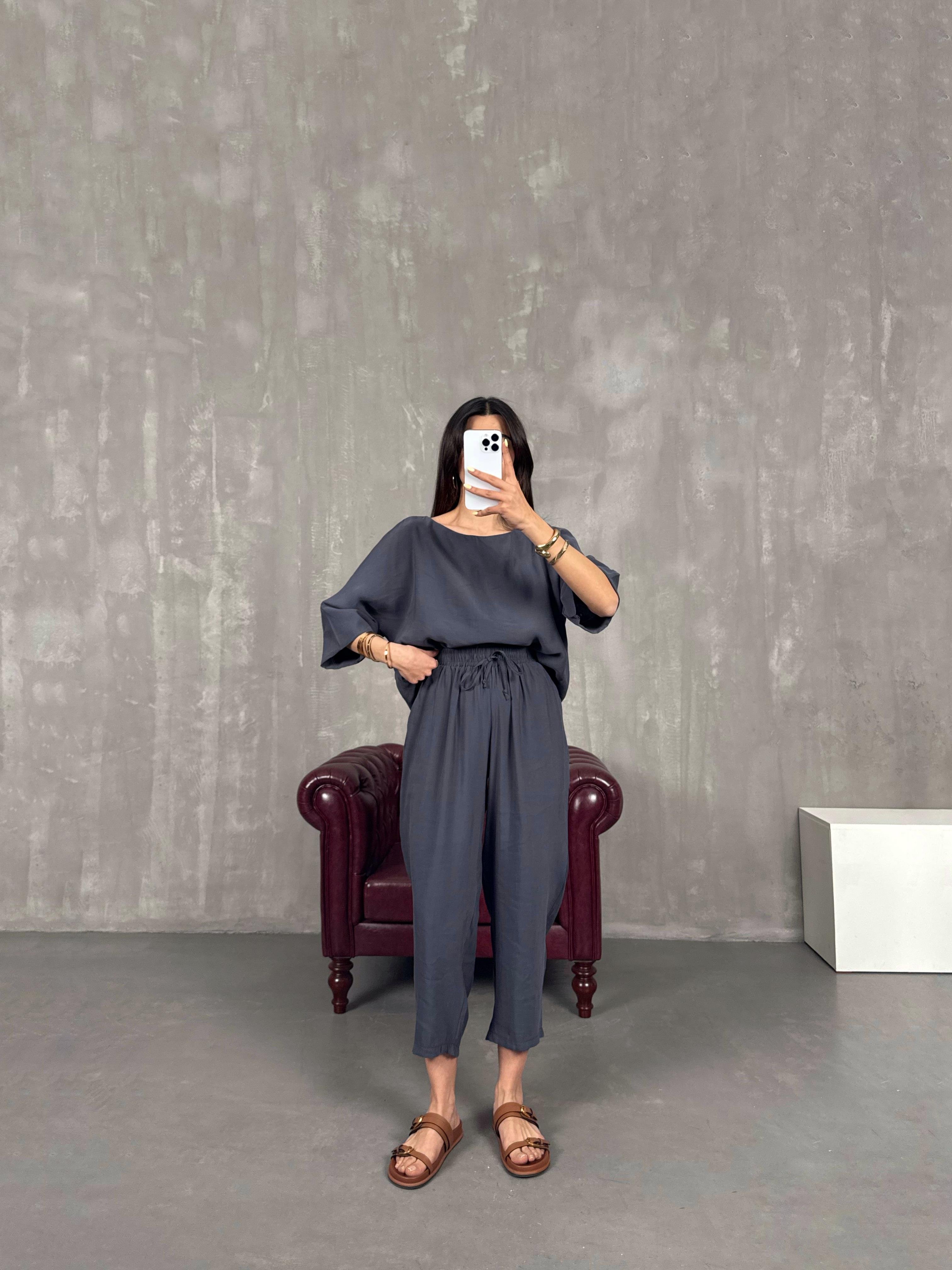 Antrasit Bisiklet Yaka Kırışık Tensel Takım Gaus00132GausTAKIMGU1001299