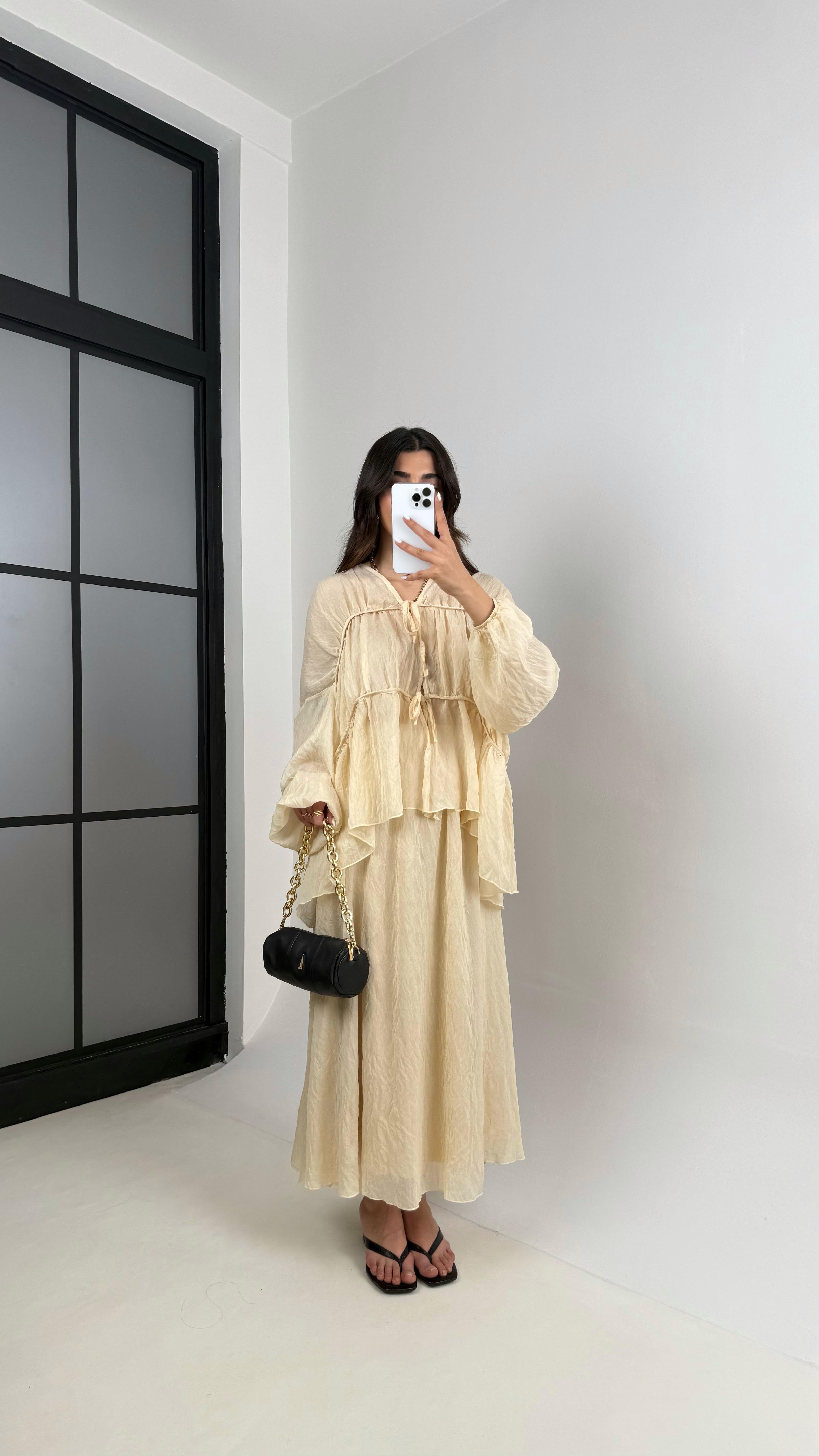 Taş Gipeli Önden Bağlamalı Üst Astarlı Etek İkili Kırışık Kumaş Takım Gaus00426GausTAKIMGU1001995