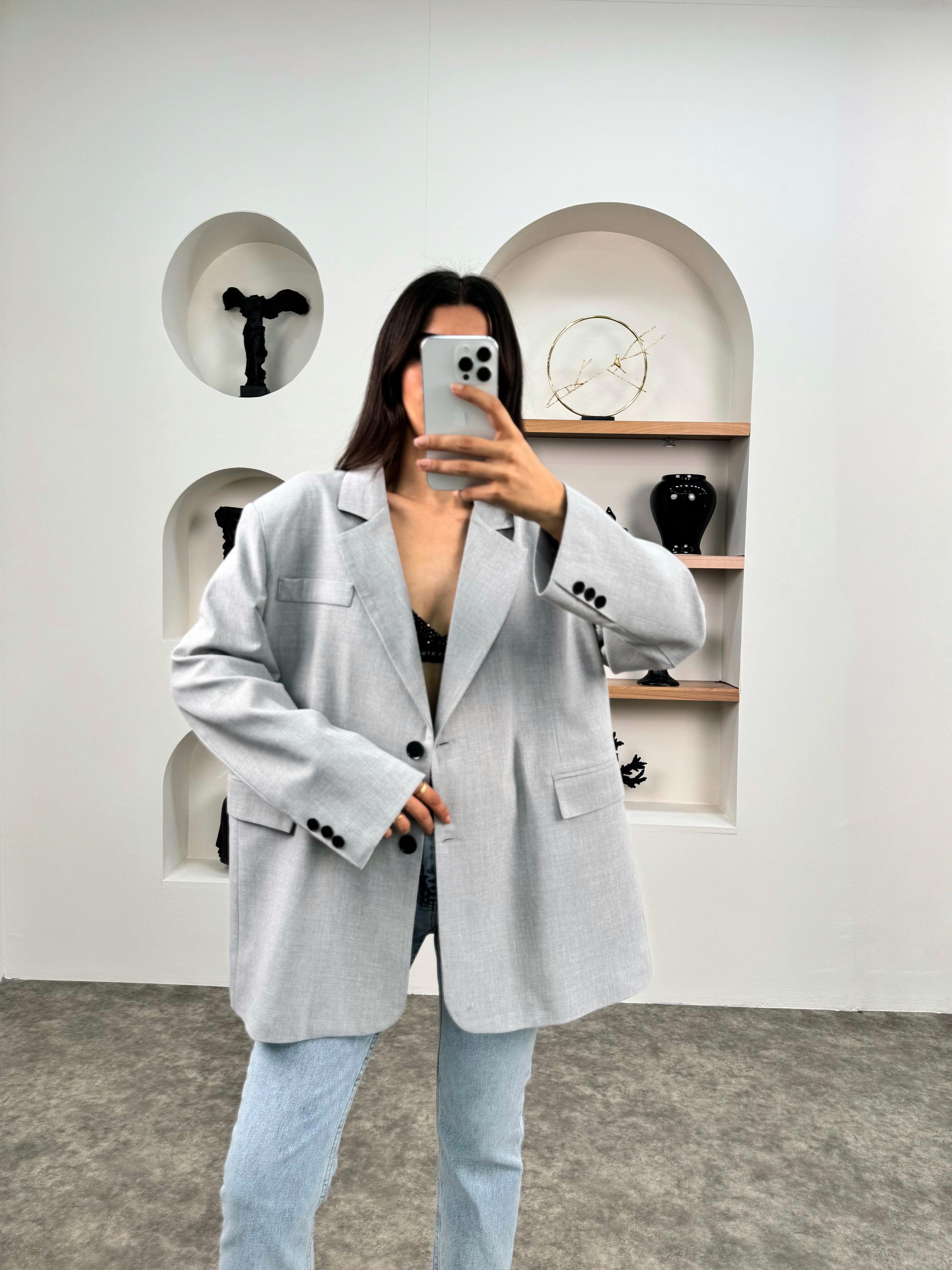Pecho Açık Gri Astarlı Blazer Ceket
