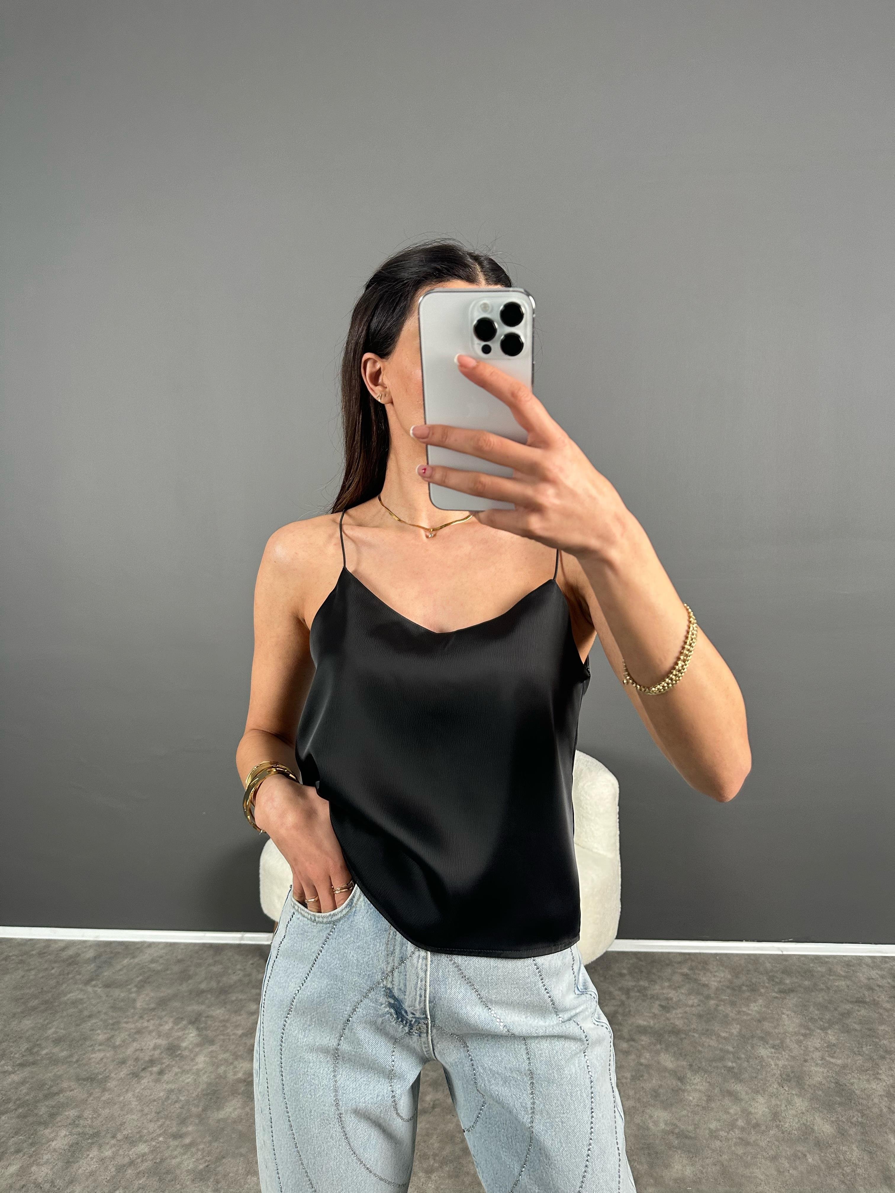 Siyah Saten İp Askılı Basic Bluz
