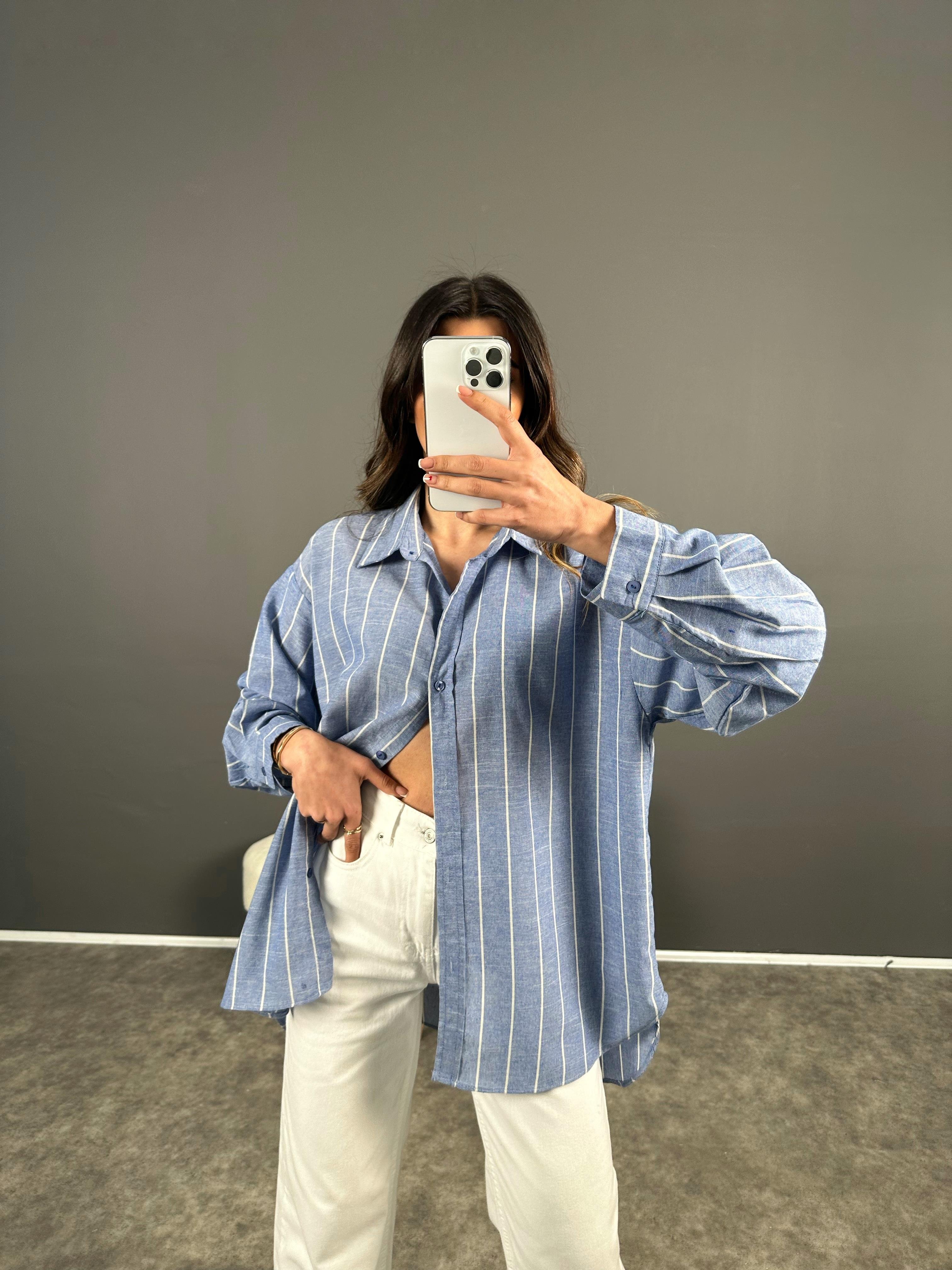 Mavi Çizgili Oversize Keten Gömlek 