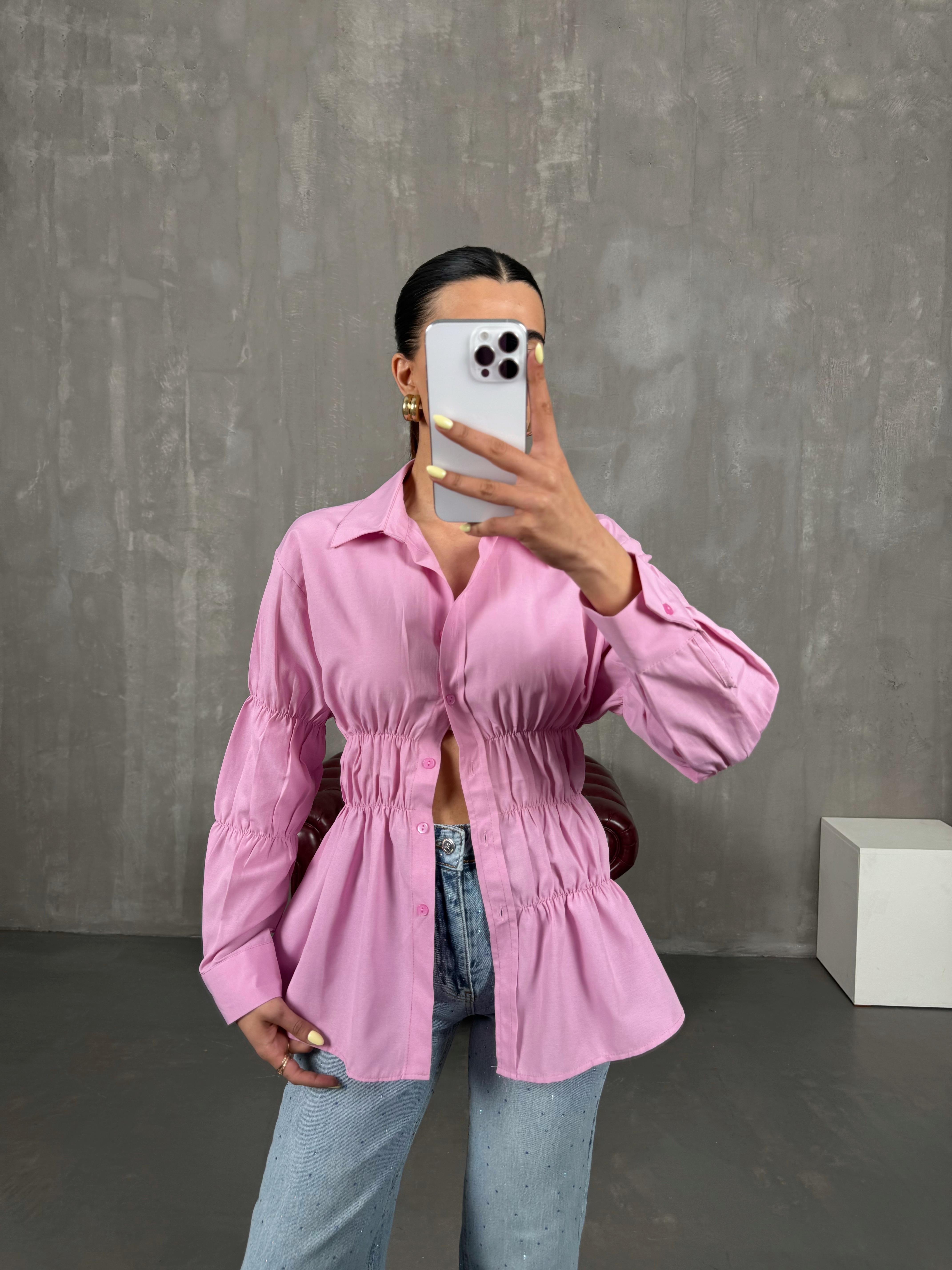 قميص وردي بخصر مطاطي ومزين بالمطاط Gaus00087