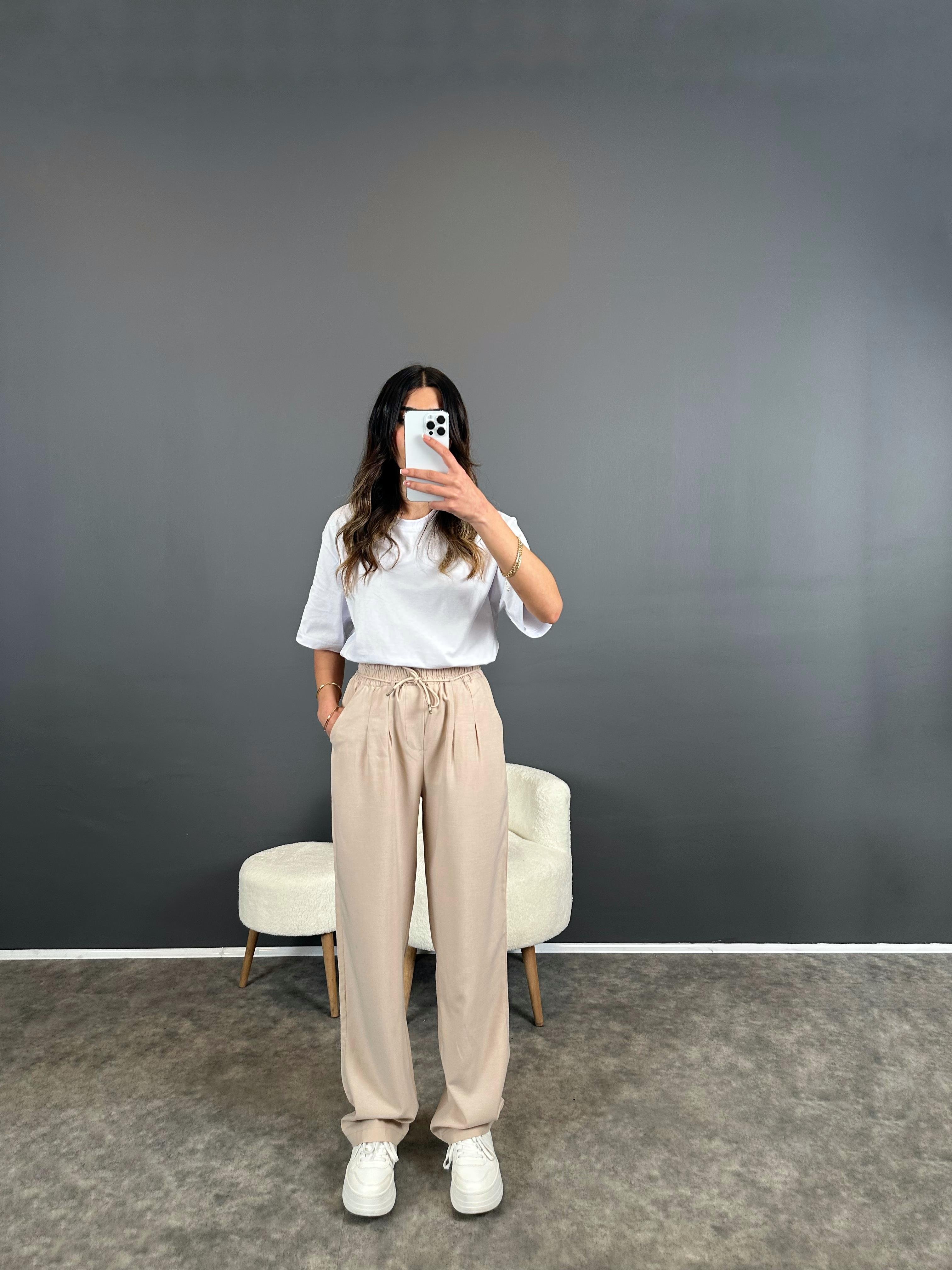 Lul Taş Beli Lastikli İp Kemerli Tensel Pantolon